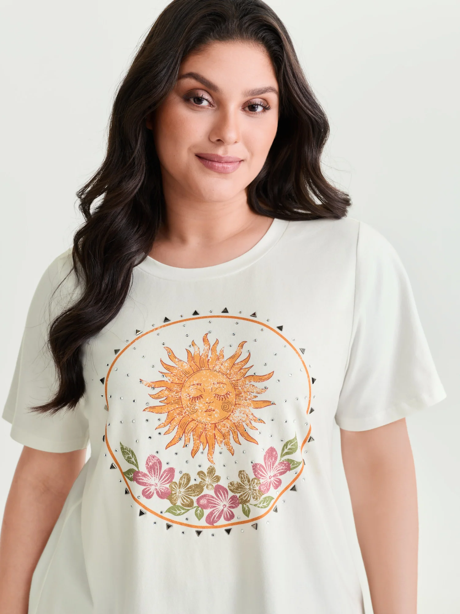 Cotton Sunshine Floral Print Rhinestone T-Shirt - Image 2
