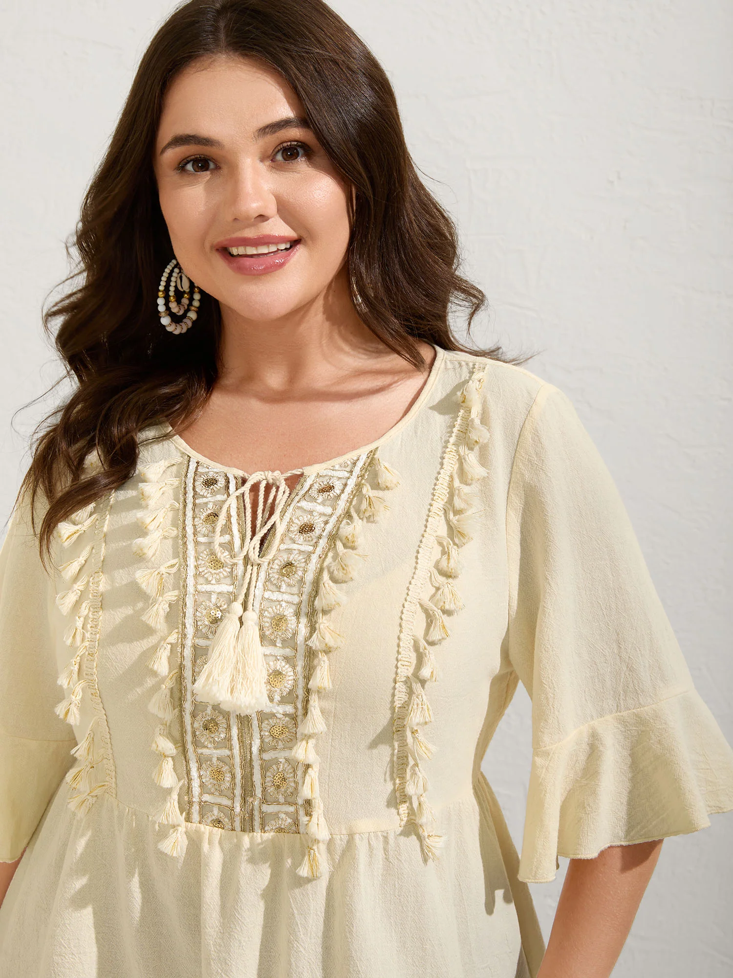 Cotton Tassel Neckline Ruffled Sleeve Solid Top - Image 2