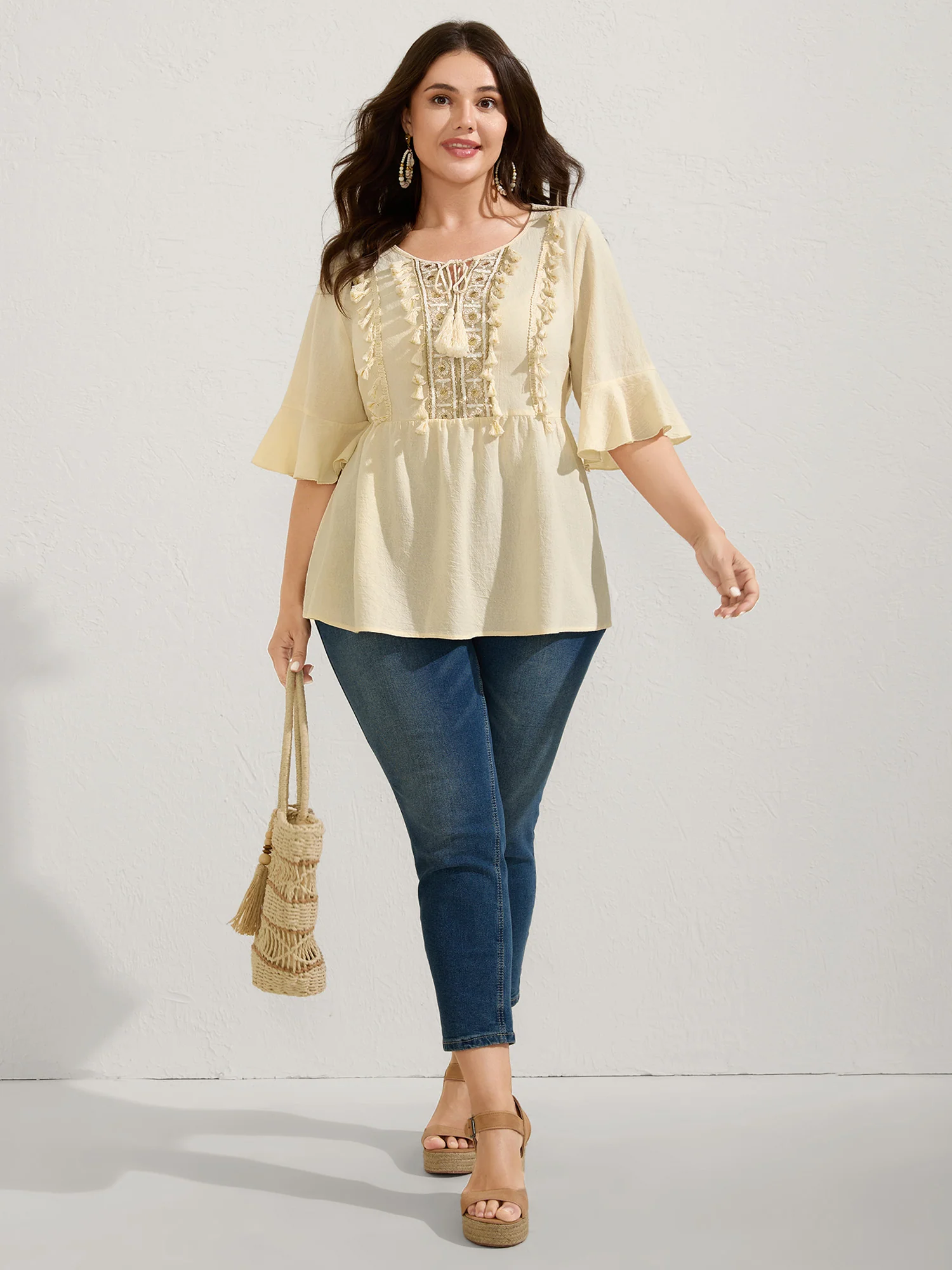 Cotton Tassel Neckline Ruffled Sleeve Solid Top - Image 3