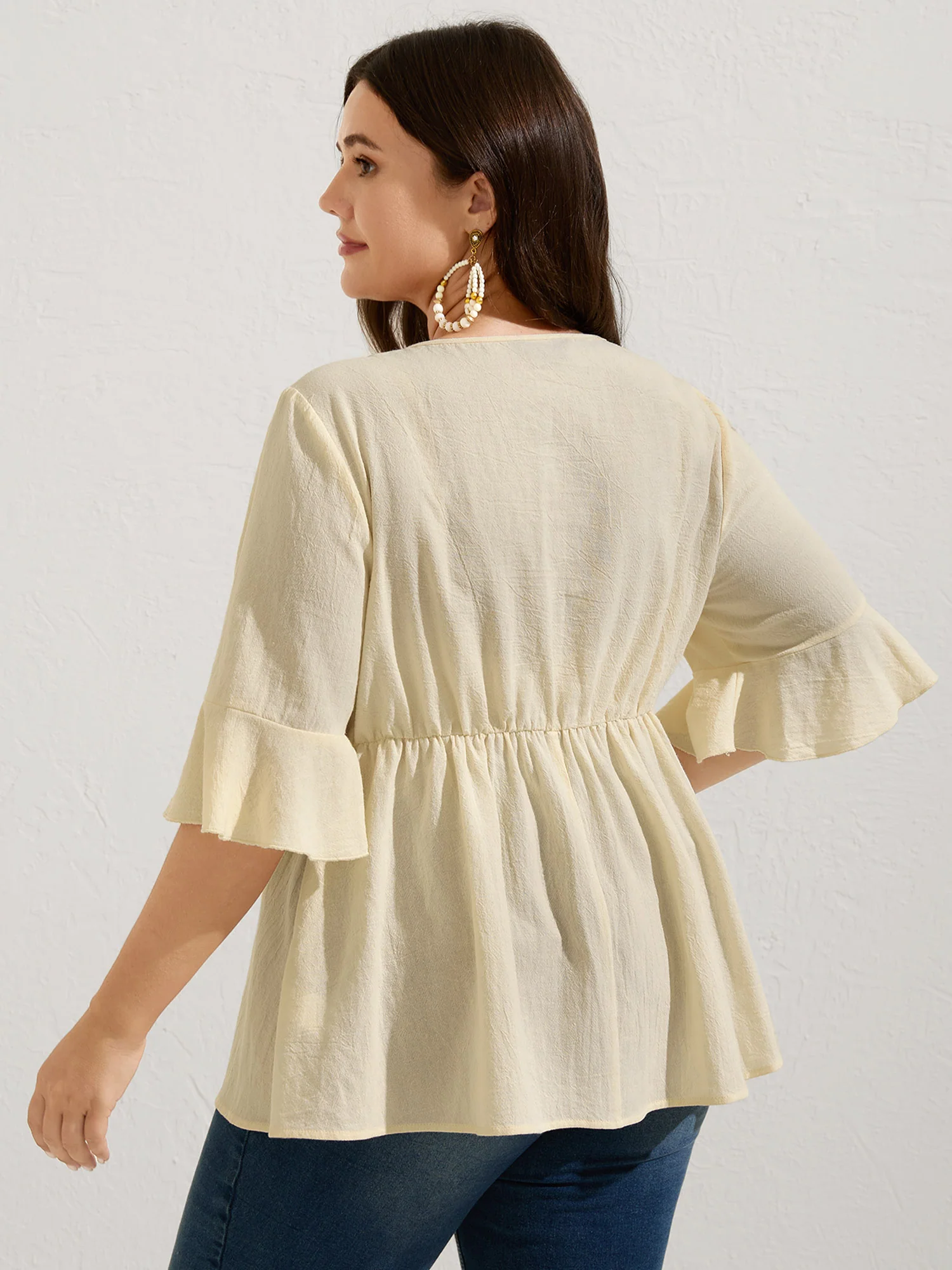 Cotton Tassel Neckline Ruffled Sleeve Solid Top - Image 4