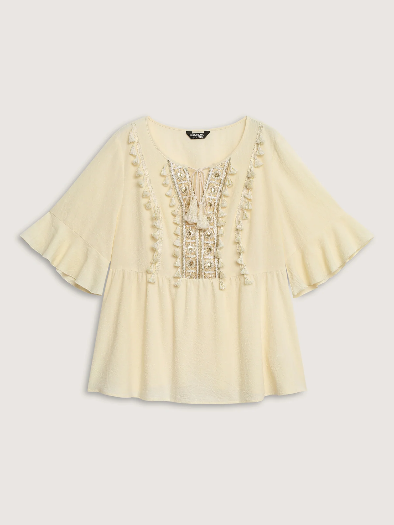 Cotton Tassel Neckline Ruffled Sleeve Solid Top - Image 7