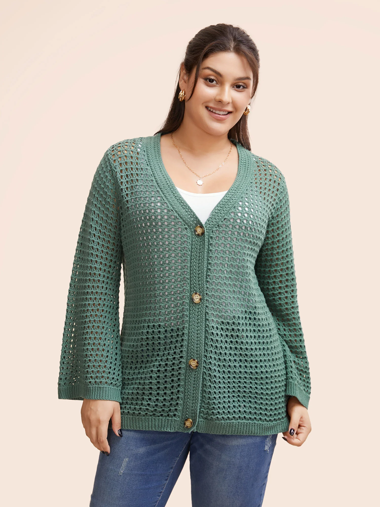 Cotton Texture Cut Out Bell Sleeve Cardigan - Image 3