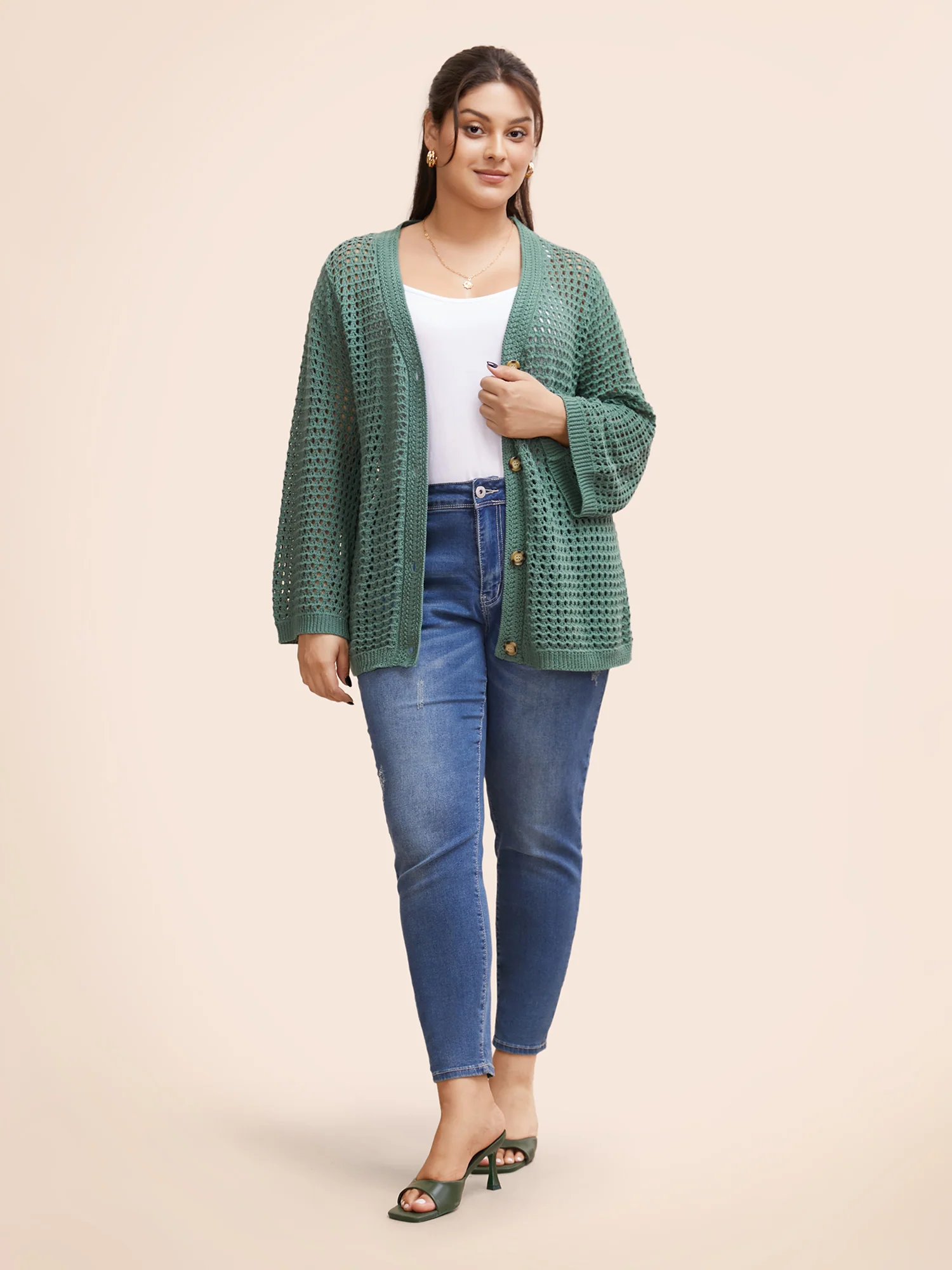 Cotton Texture Cut Out Bell Sleeve Cardigan - Image 4