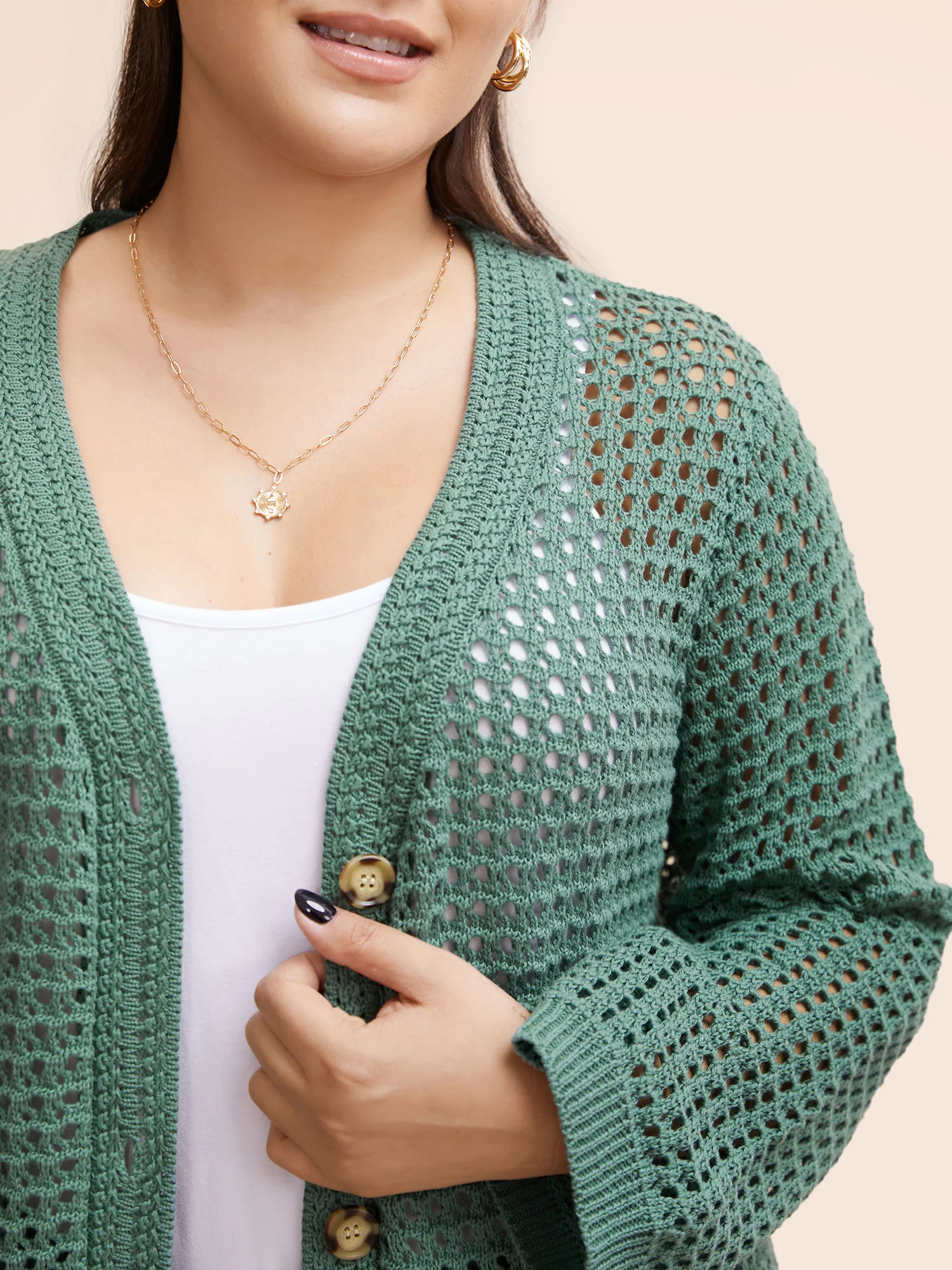 Cotton Texture Cut Out Bell Sleeve Cardigan - Image 5