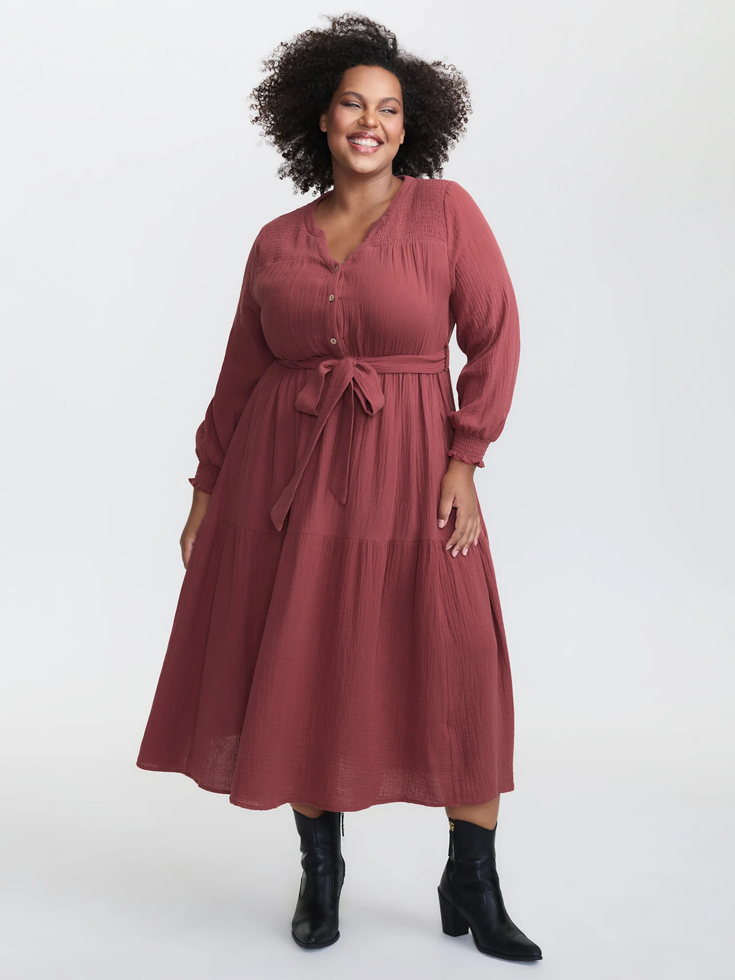 Cotton Textured Belted Pockets Maxi Dress - Image 3