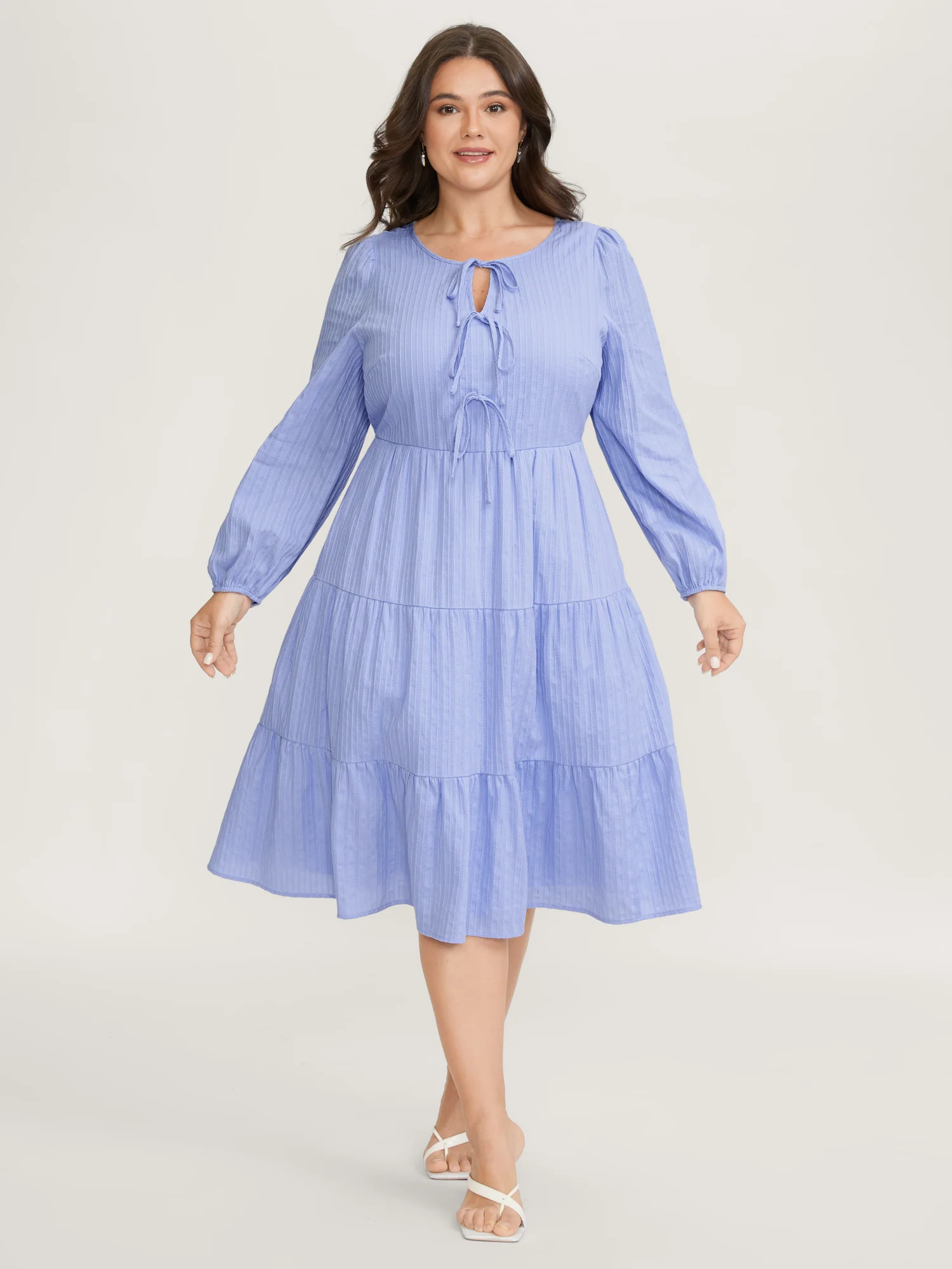 Cotton Textured Bow-Tie Detail Tiered Midi Dress - Image 3