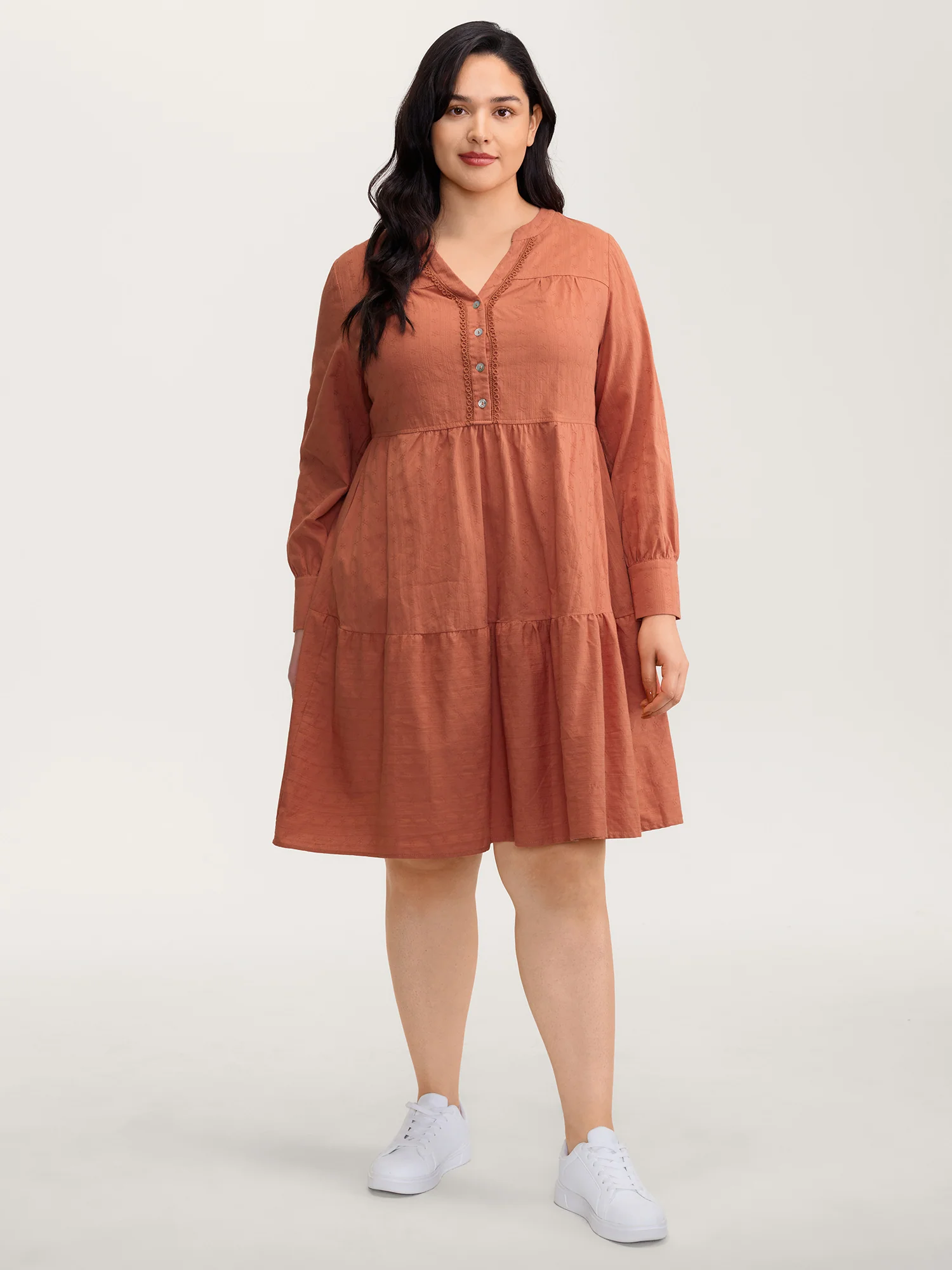 Cotton Textured Button Tiered Knee Dress - Image 3