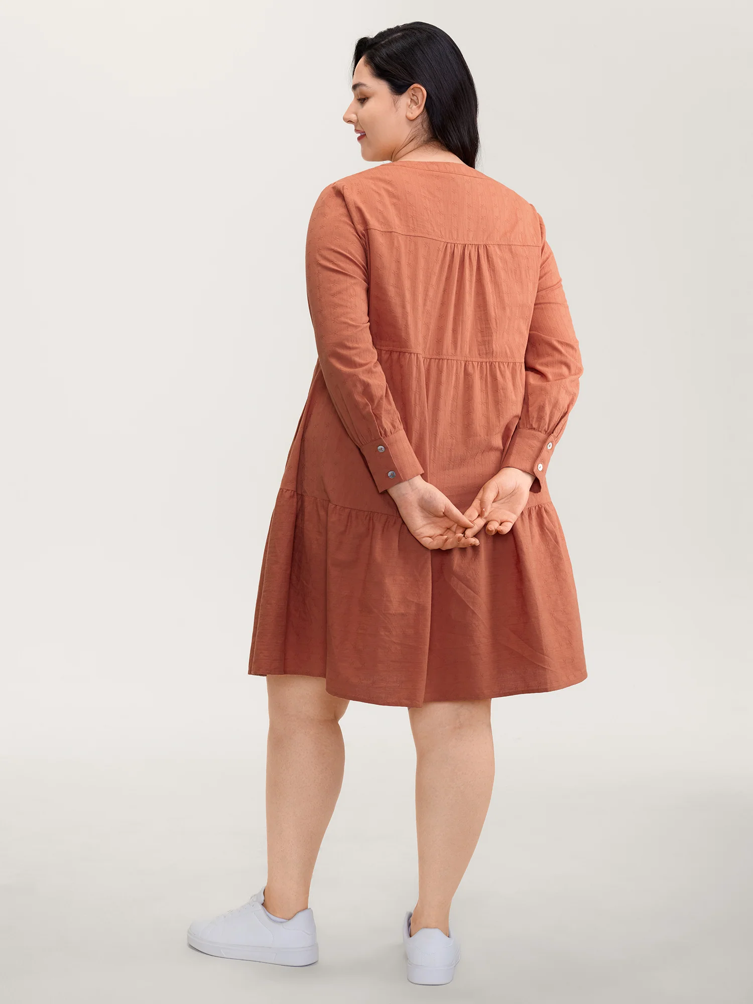 Cotton Textured Button Tiered Knee Dress - Image 4