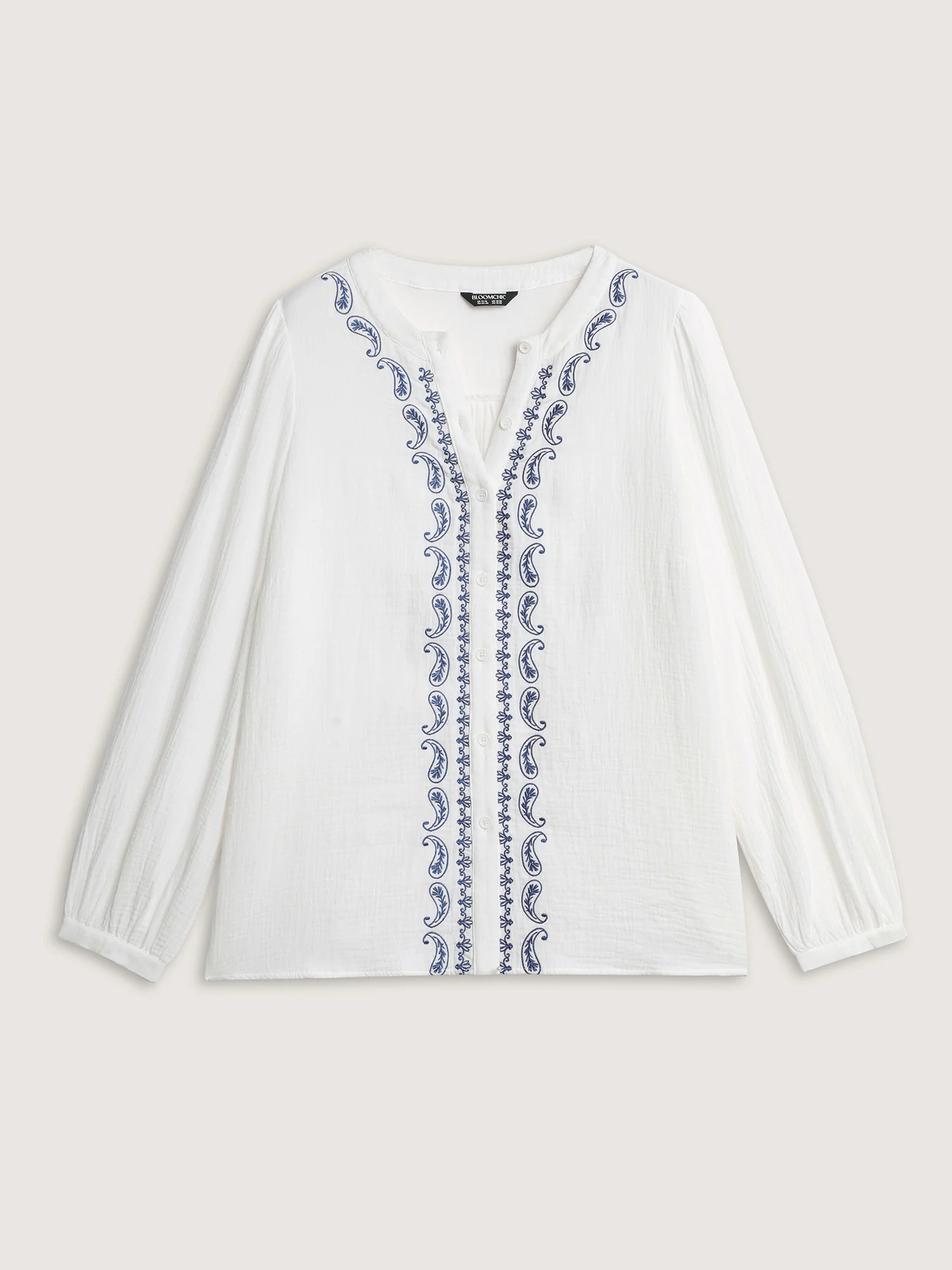 Cotton Textured Embroidered Notched Collar Blouse - Image 8