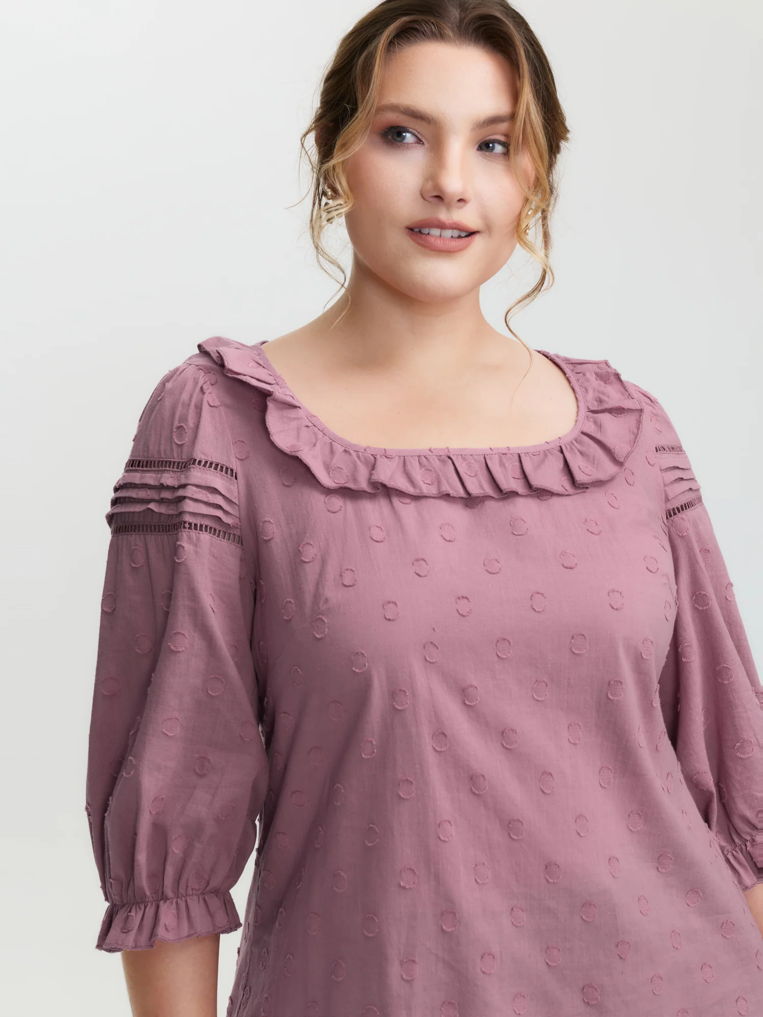 Cotton Textured Jacquard Puffy Sleeve Blouse - Image 2