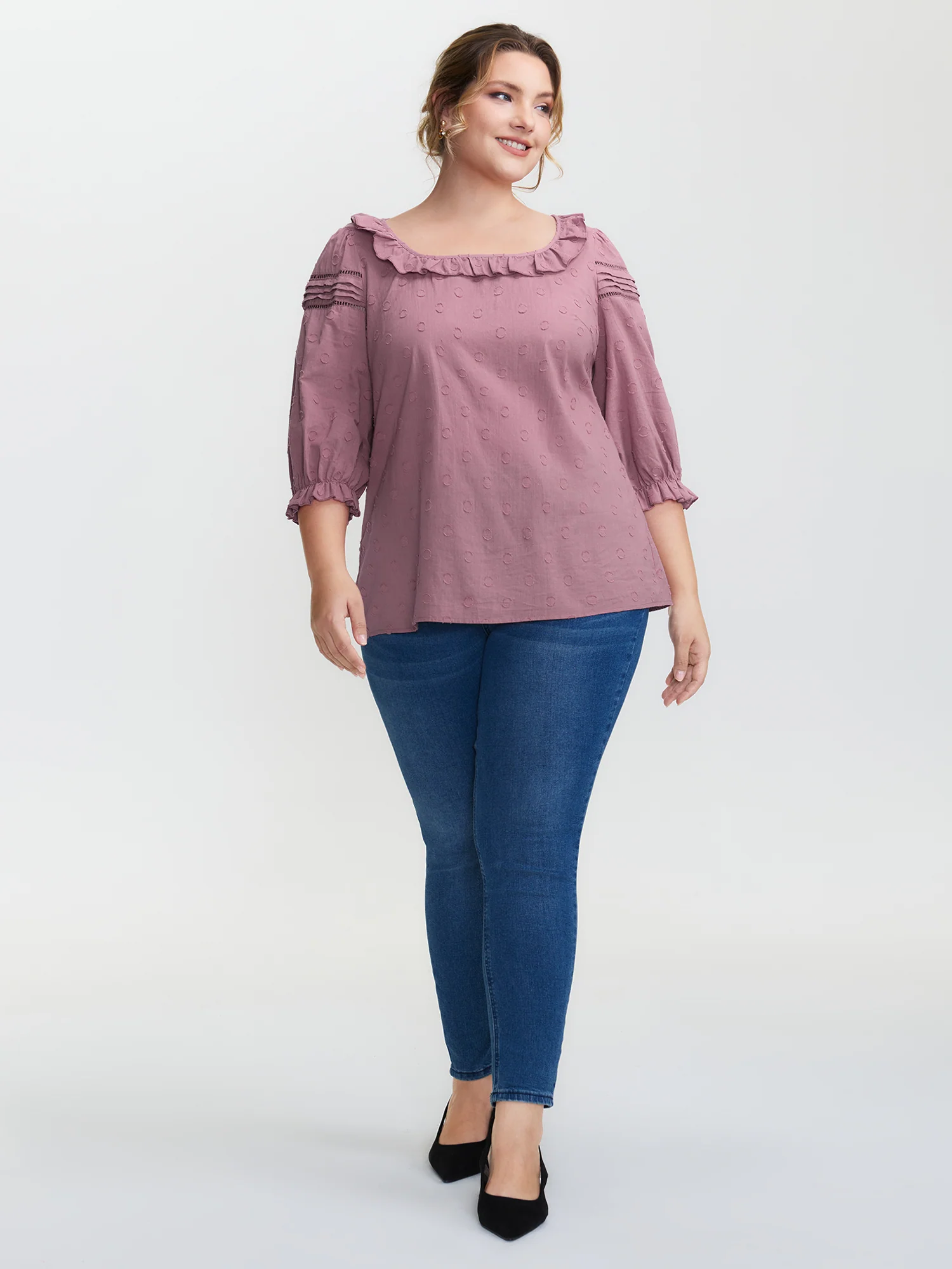 Cotton Textured Jacquard Puffy Sleeve Blouse - Image 3