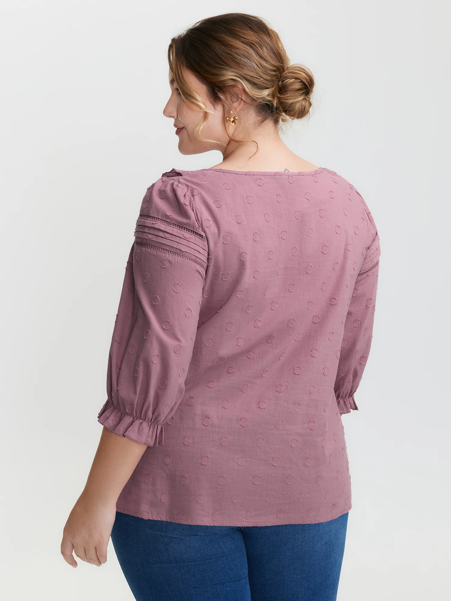 Cotton Textured Jacquard Puffy Sleeve Blouse - Image 5