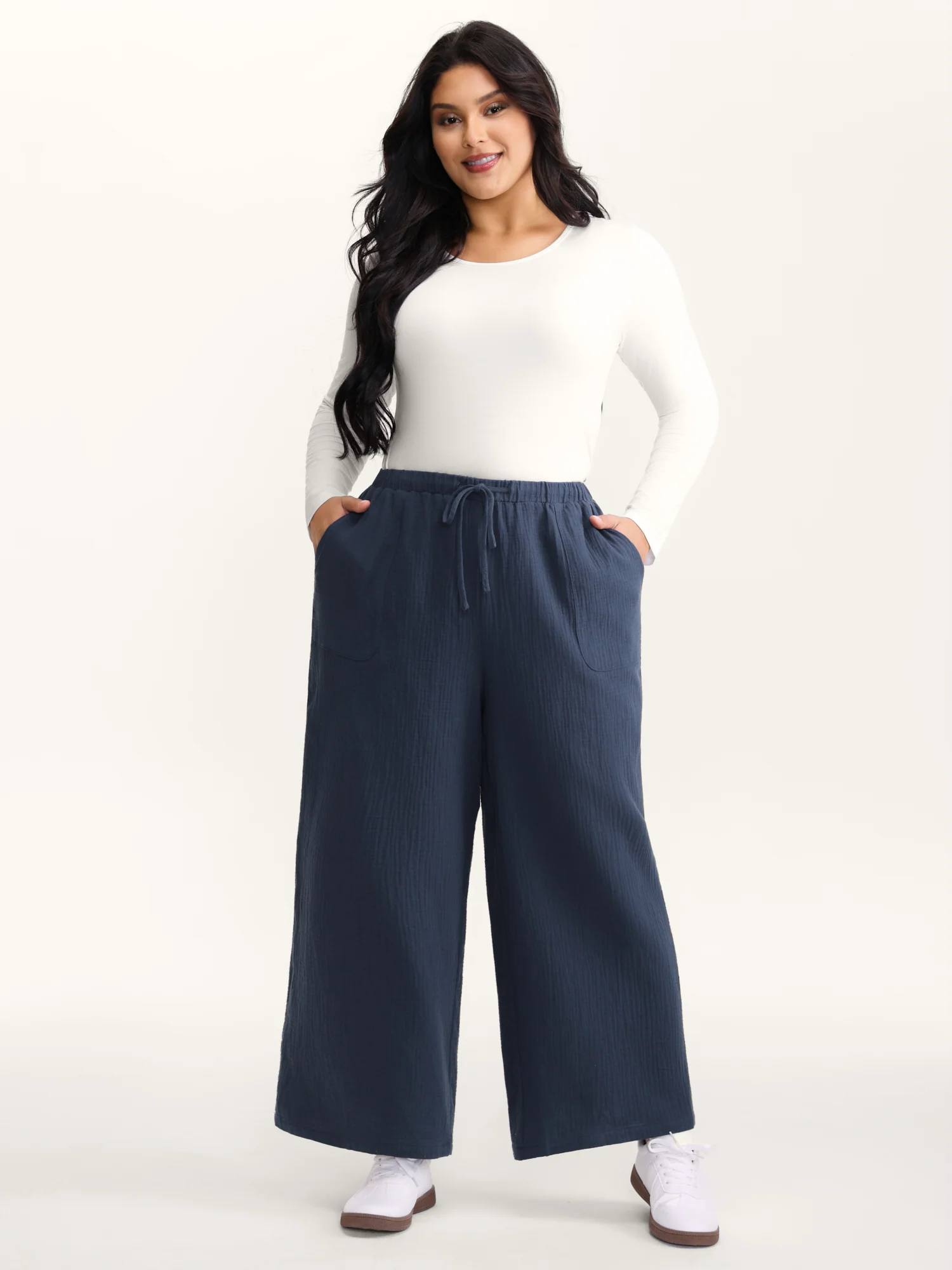 Cotton Textured Waist Drawstring Straight-Leg Pants - Image 2