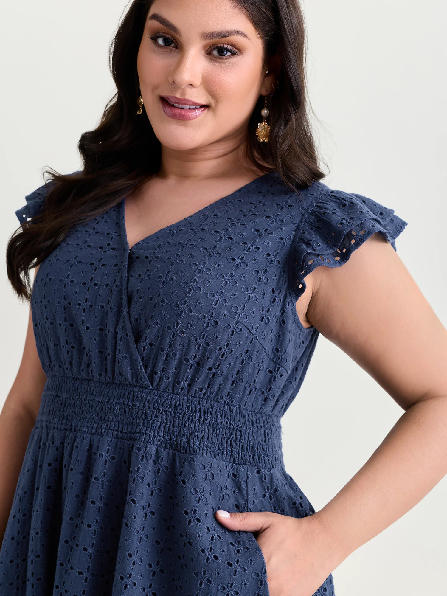 Cotton Textured Wrap Neckline Layered Sleeve Mini Dress - Image 2