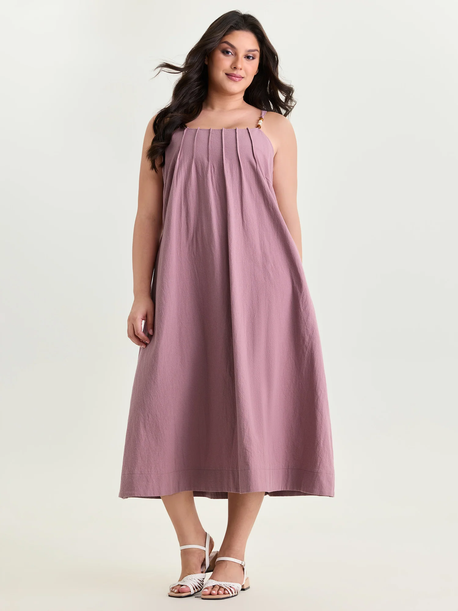 Cotton Toothpick Pleated Cami Flowy Midi Dress - Image 2