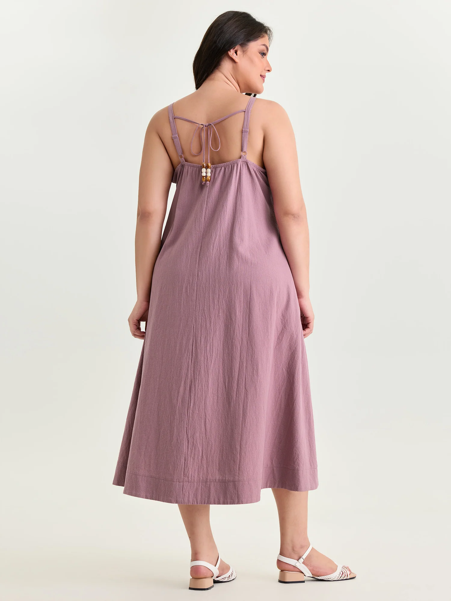 Cotton Toothpick Pleated Cami Flowy Midi Dress - Image 4