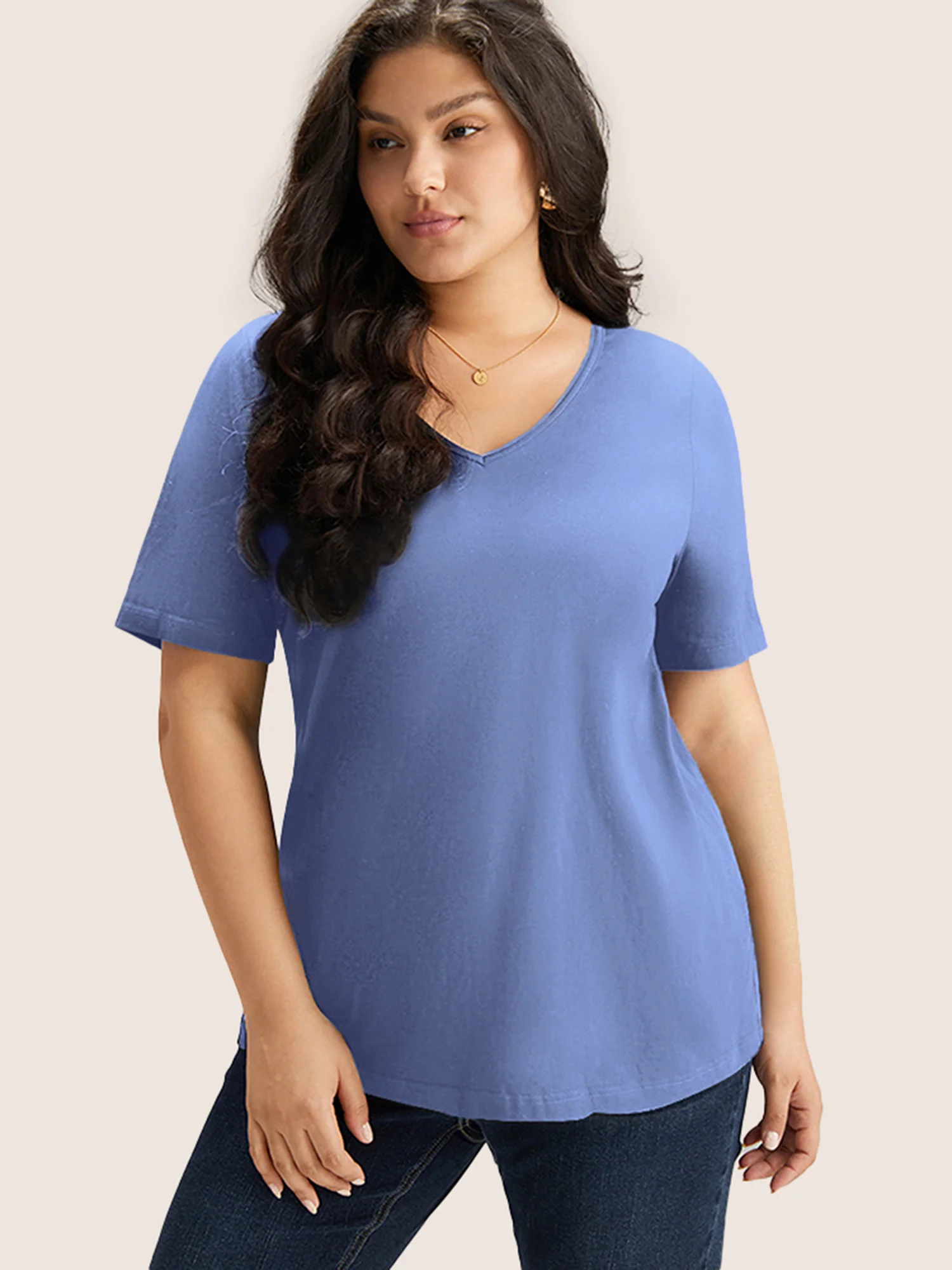 Cotton V Neck Plain Basic T-shirt - Image 34