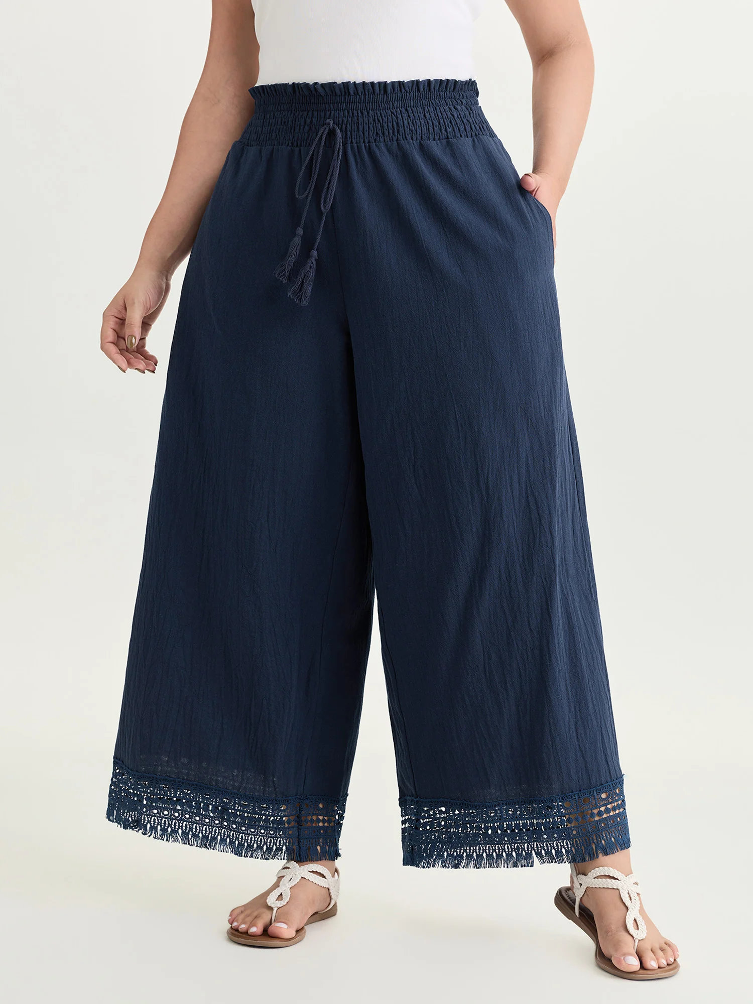 Cotton Wide Shirred Waistband Lace Hem Pants - Image 2