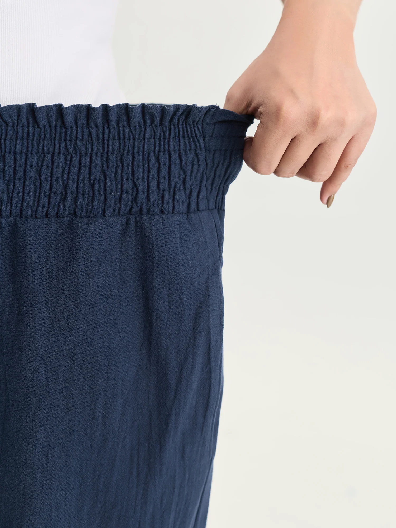 Cotton Wide Shirred Waistband Lace Hem Pants - Image 4