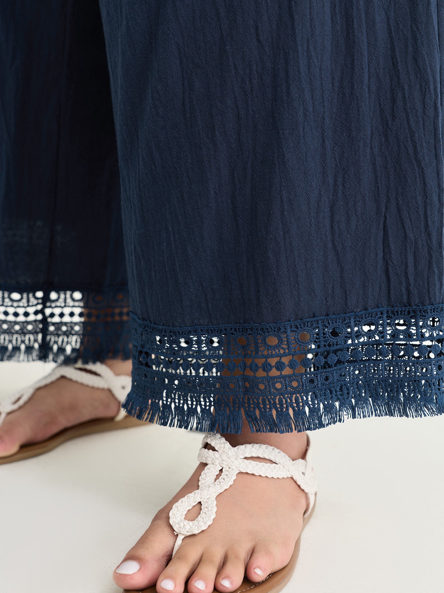 Cotton Wide Shirred Waistband Lace Hem Pants - Image 5