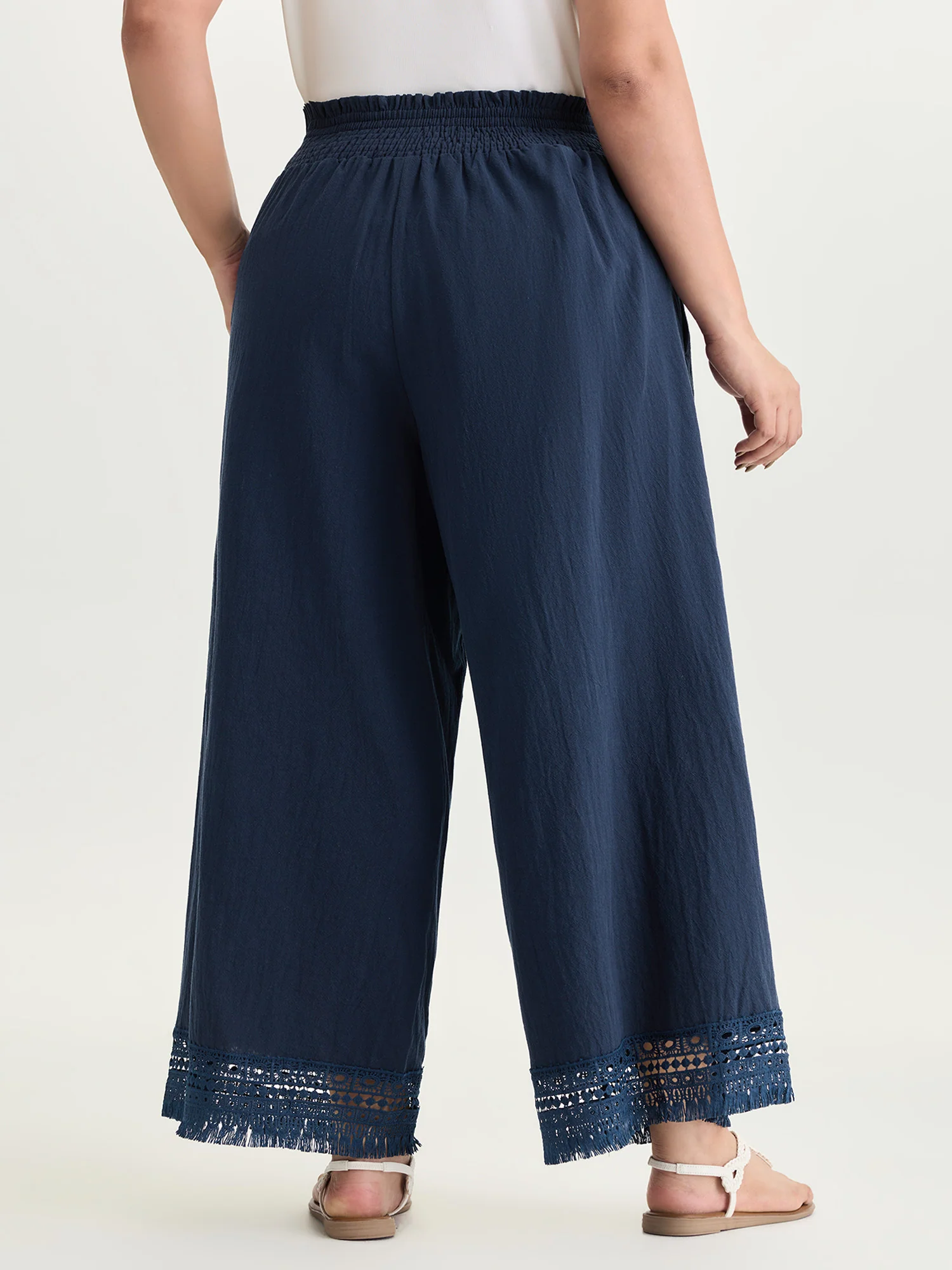 Cotton Wide Shirred Waistband Lace Hem Pants - Image 6