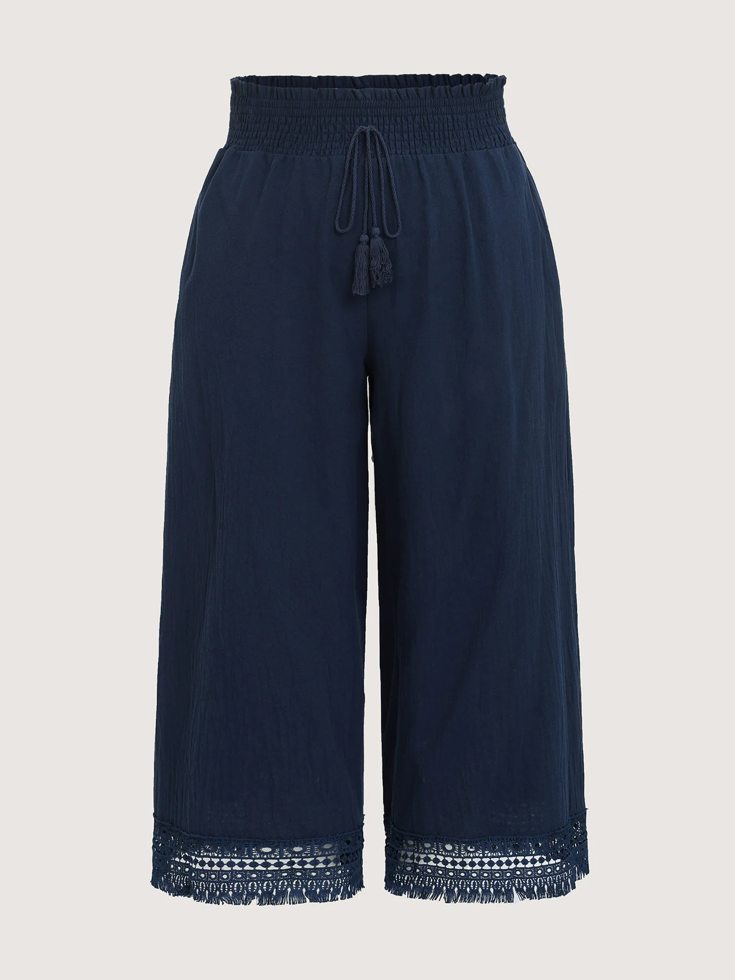 Cotton Wide Shirred Waistband Lace Hem Pants - Image 9