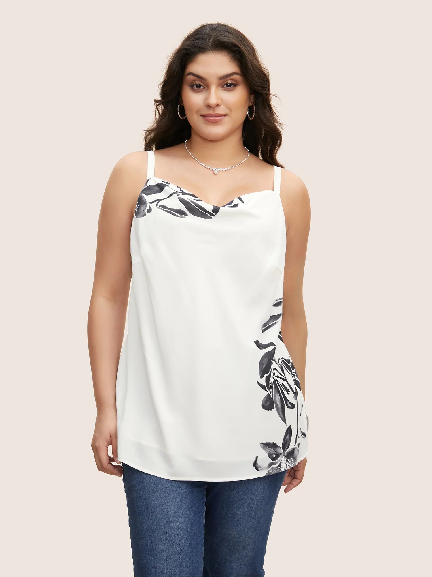 Cowl Neck Lily Print Split Hem Cami Top