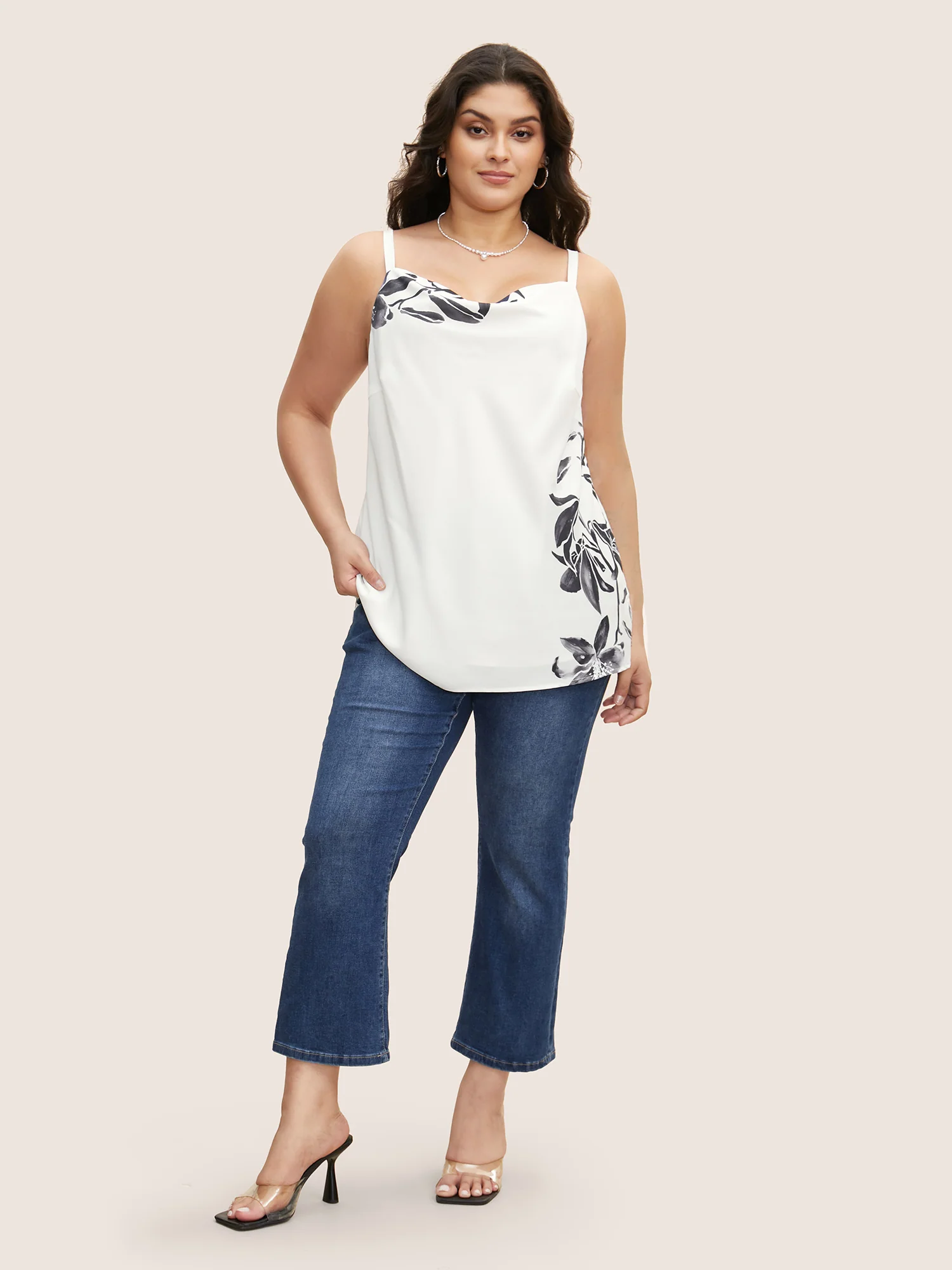 Cowl Neck Lily Print Split Hem Cami Top - Image 2