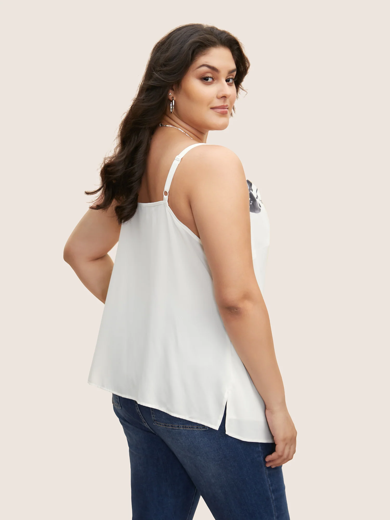 Cowl Neck Lily Print Split Hem Cami Top - Image 4