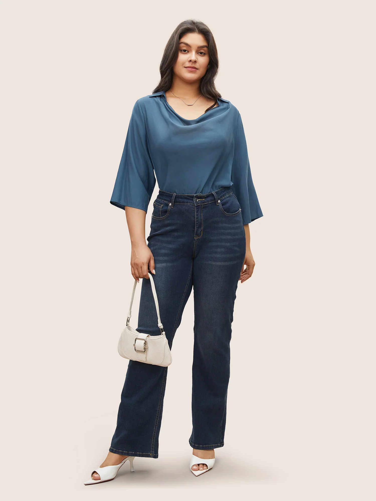 Cowl Neck Plain Bell Sleeve Blouse - Image 2