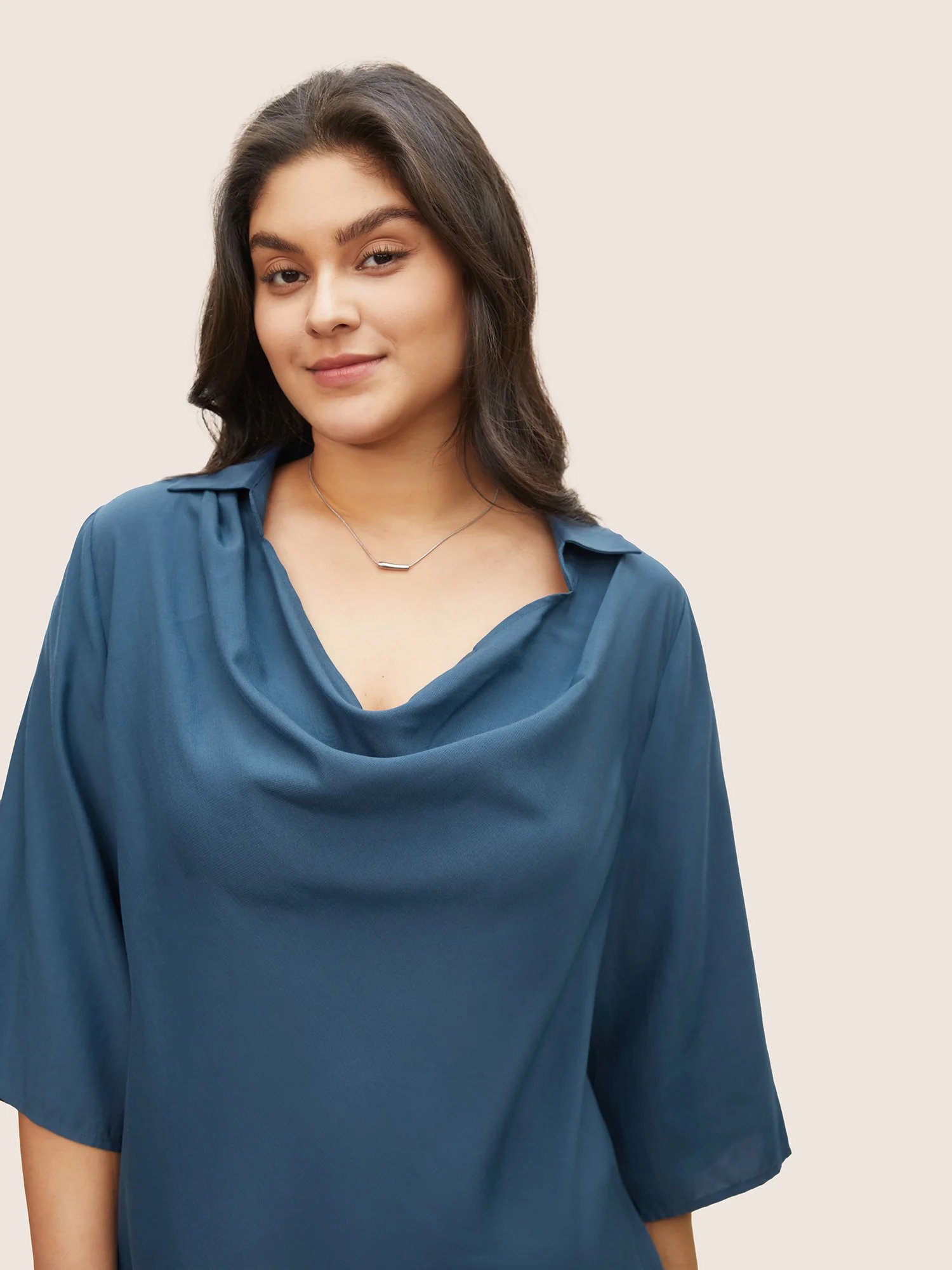 Cowl Neck Plain Bell Sleeve Blouse - Image 4