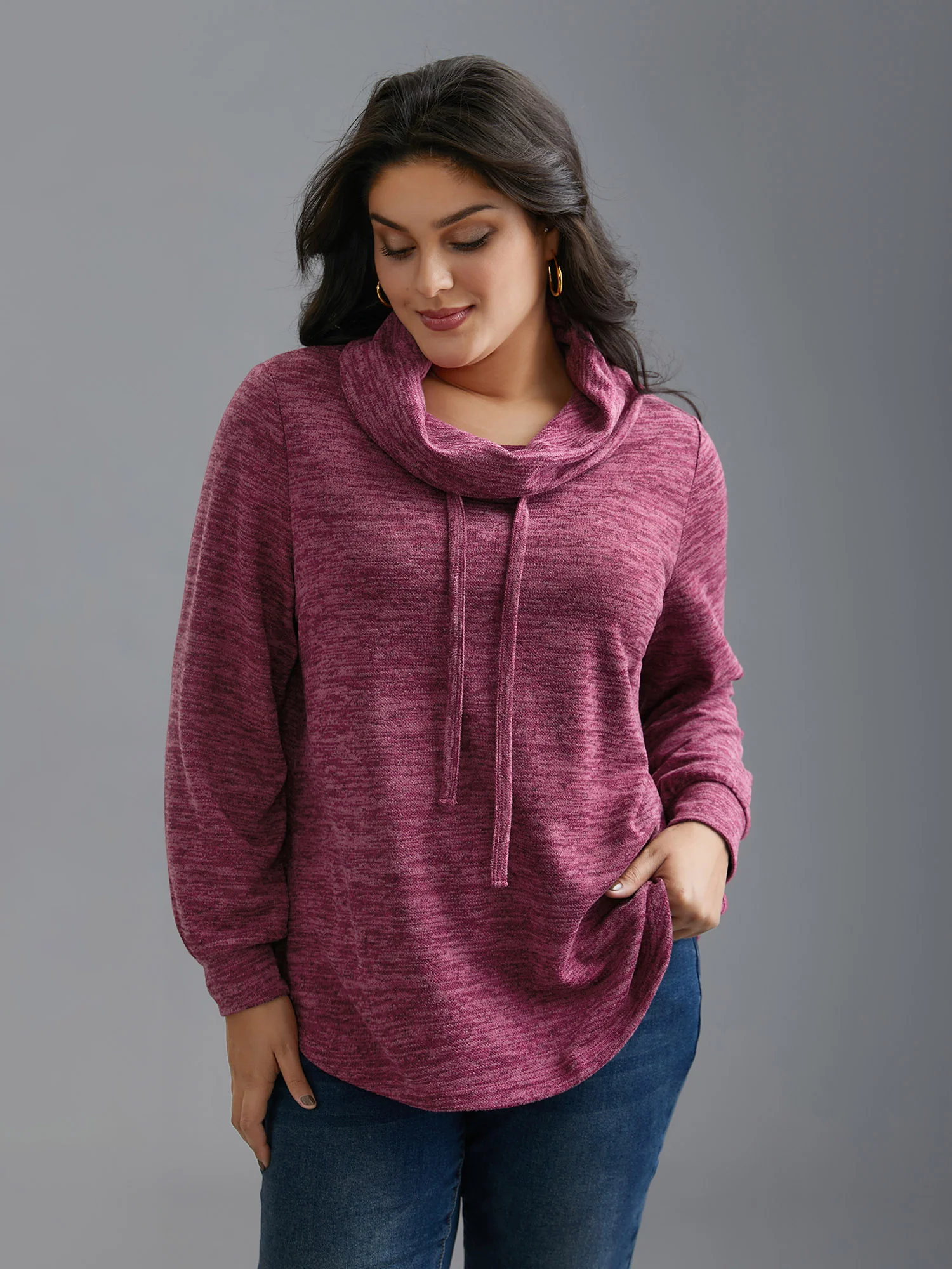 Cowl Neck Plain Heather Drawstring Sweatshirt - Image 2