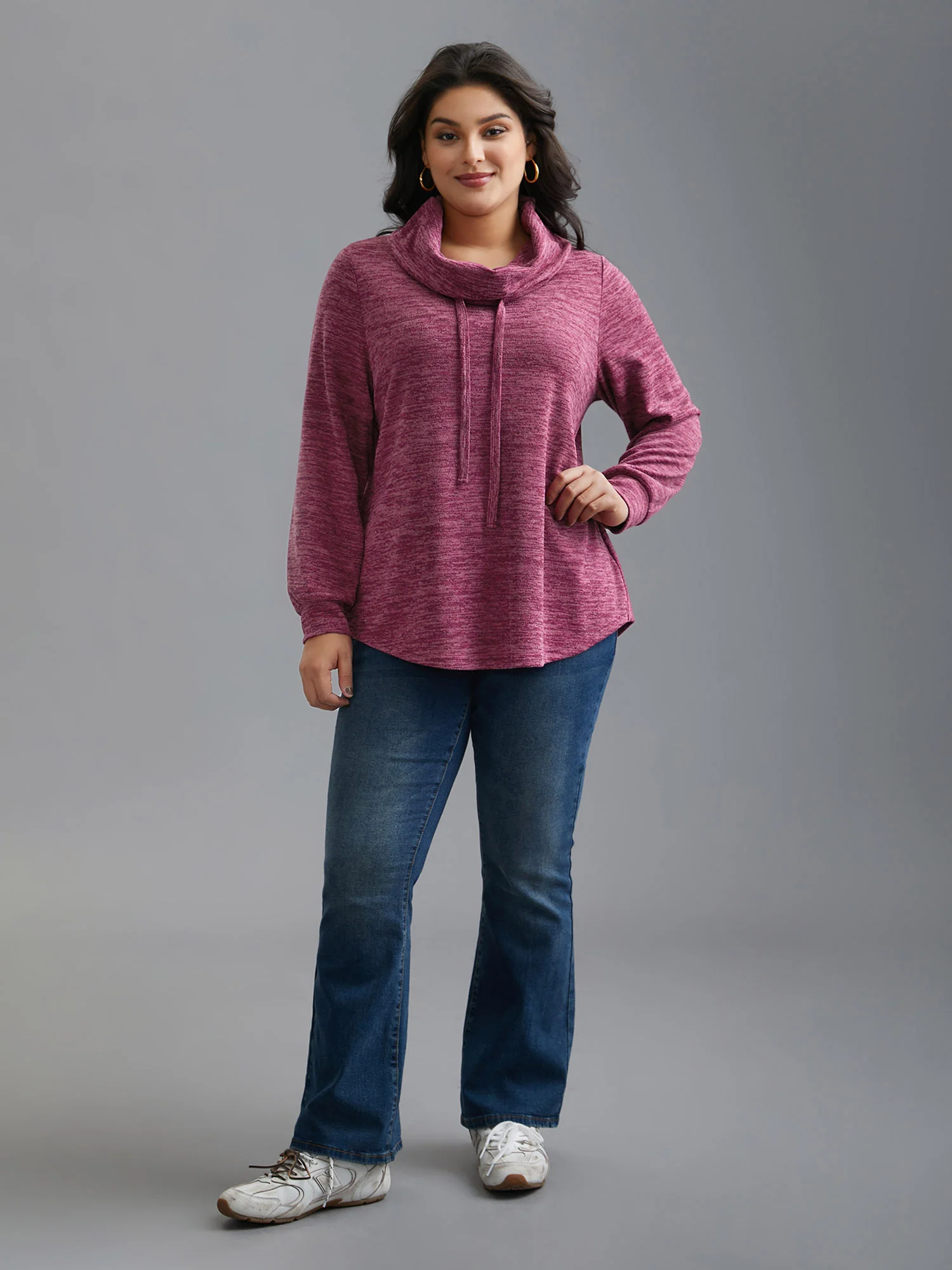 Cowl Neck Plain Heather Drawstring Sweatshirt - Image 3