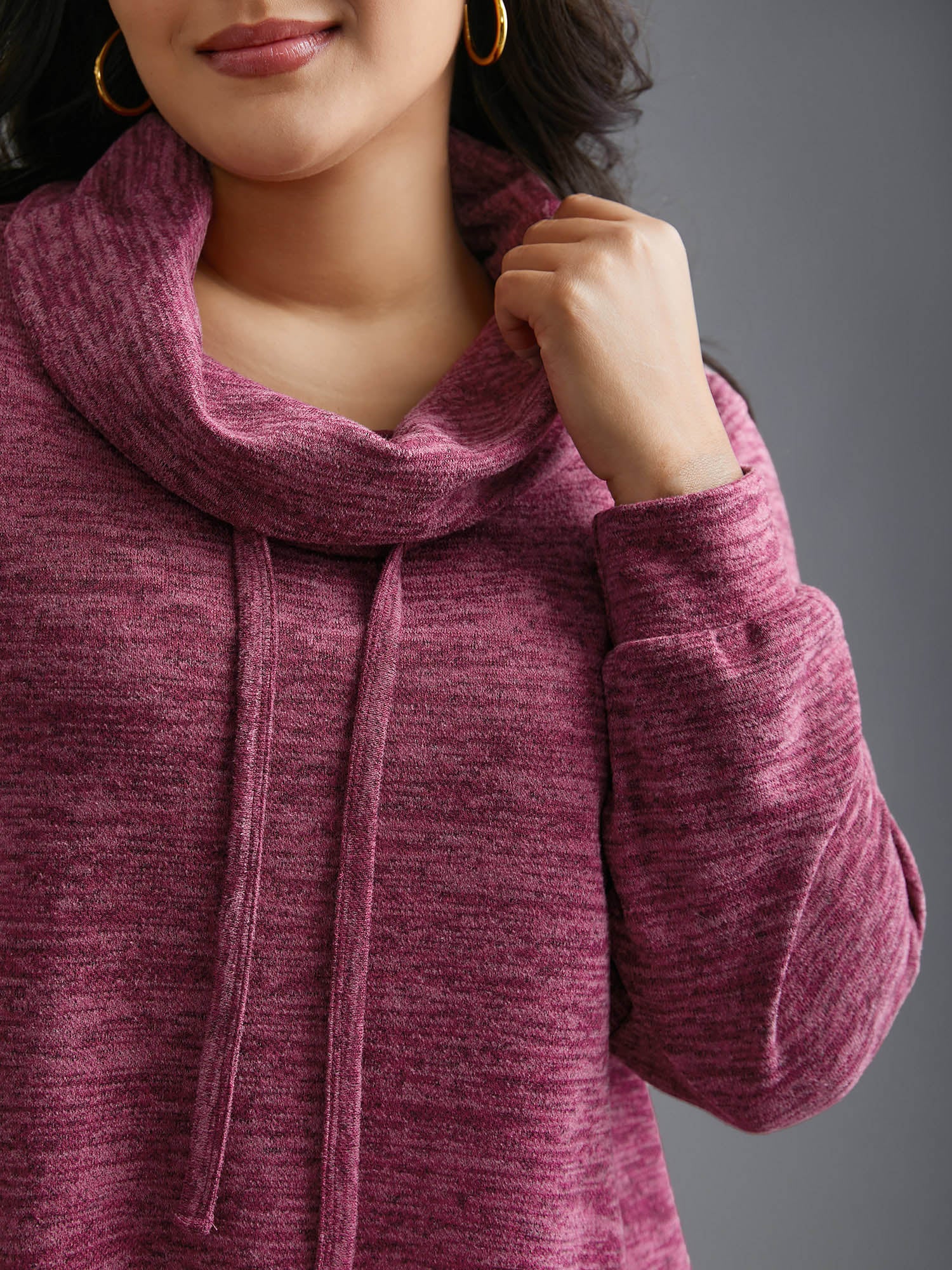 Cowl Neck Plain Heather Drawstring Sweatshirt - Image 4