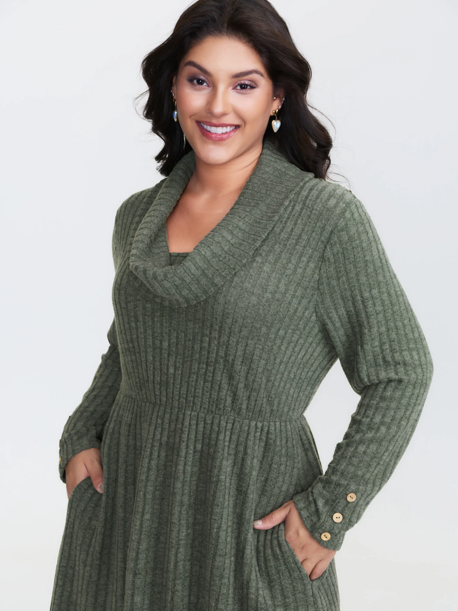 Cowl Neck Ribbed Fitted Knit Dress - Image 2