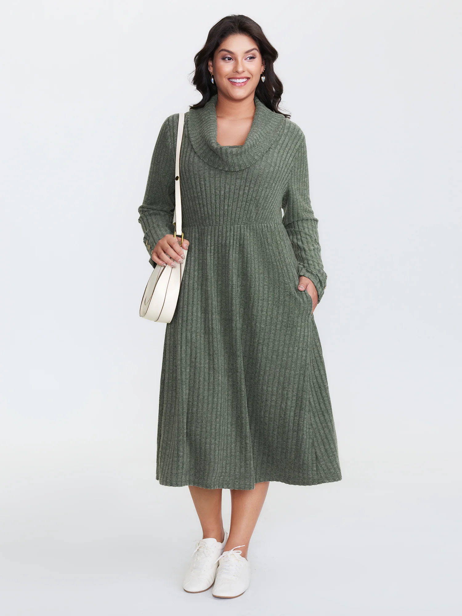 Cowl Neck Ribbed Fitted Knit Dress - Image 3