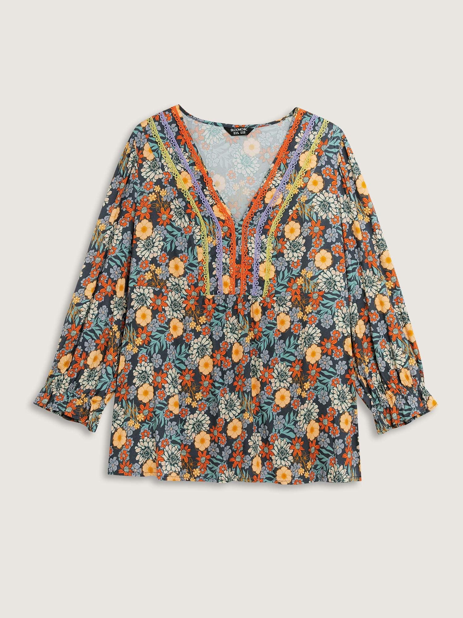 Cozy Floral Print Lace Trim Blouse - Image 7