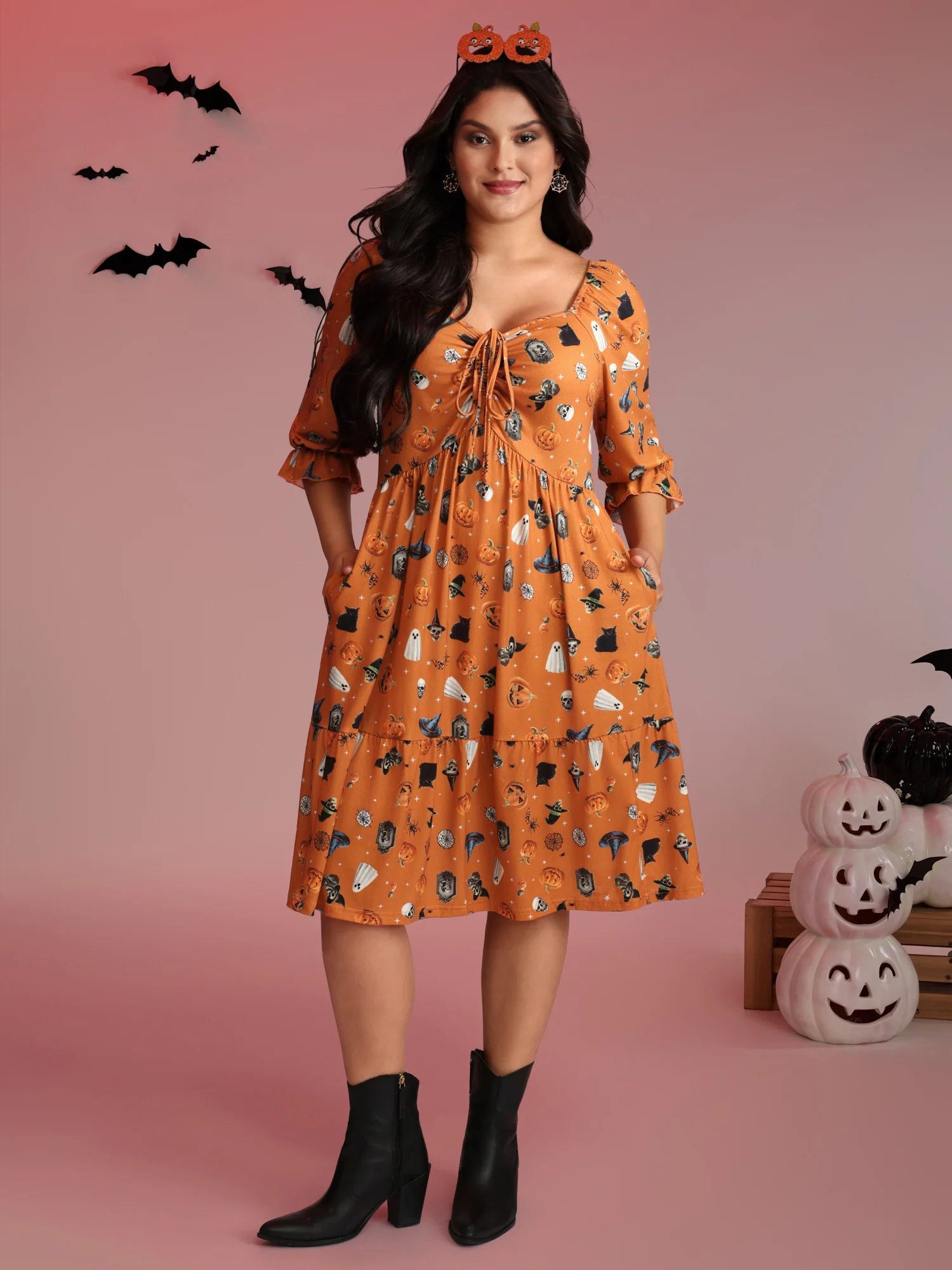 Cozy Hauntings Stretchy Waist Pockets Midi Dress - Image 3