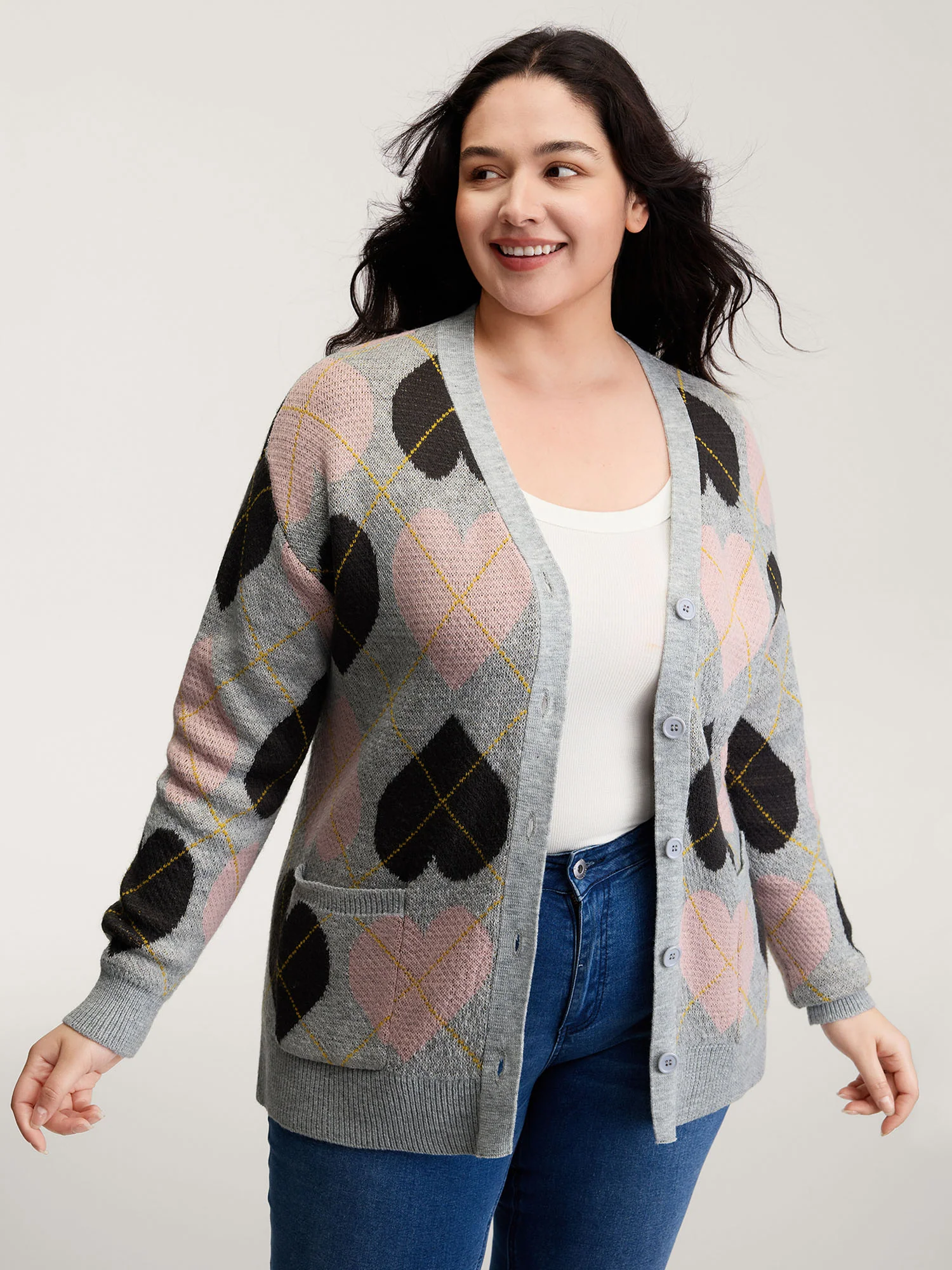 Cozy Hearts Jacquard Pattern Pockets Knit Cardigan - Image 2