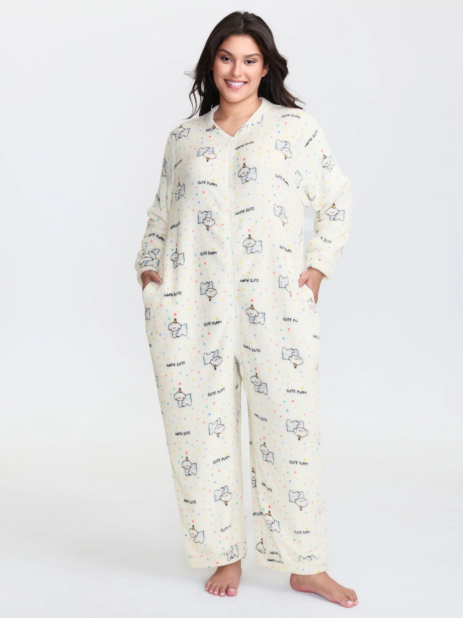 Cozy Puppy Print Zipper Front Lounge Jumpsuit