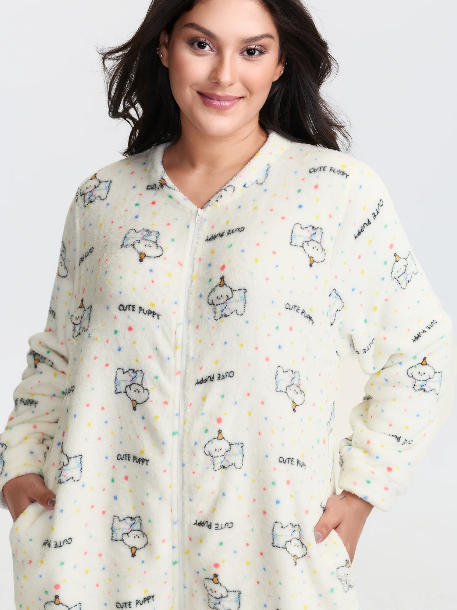 Cozy Puppy Print Zipper Front Lounge Jumpsuit - Image 2