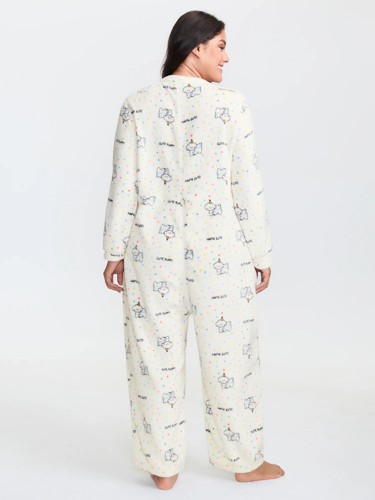 Cozy Puppy Print Zipper Front Lounge Jumpsuit - Image 4