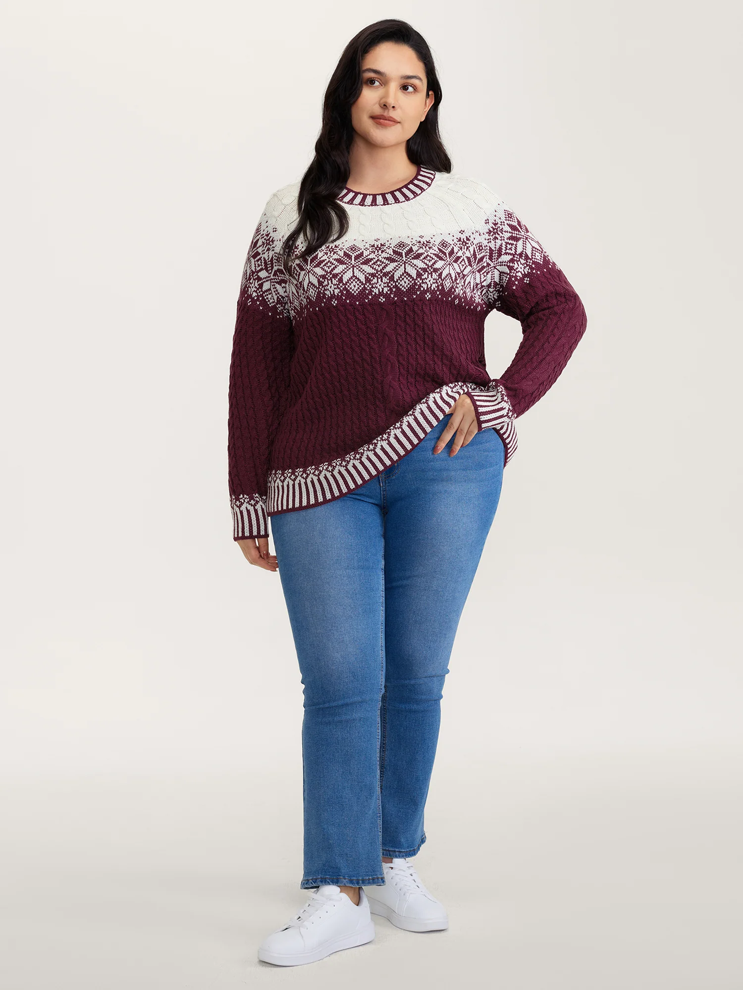 Cozy Textured Contrast Ribbed Hem Pullover - Image 3