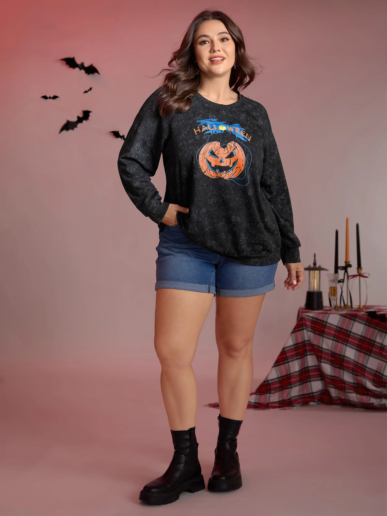 Creepy Pumpkin Motif Snowflake Effect Sweatshirt - Image 3