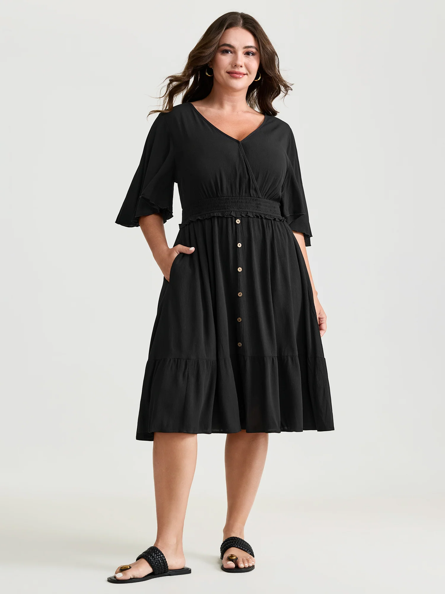 Crepe Shirred Ruffled Sleeve Mini Dress - Image 2