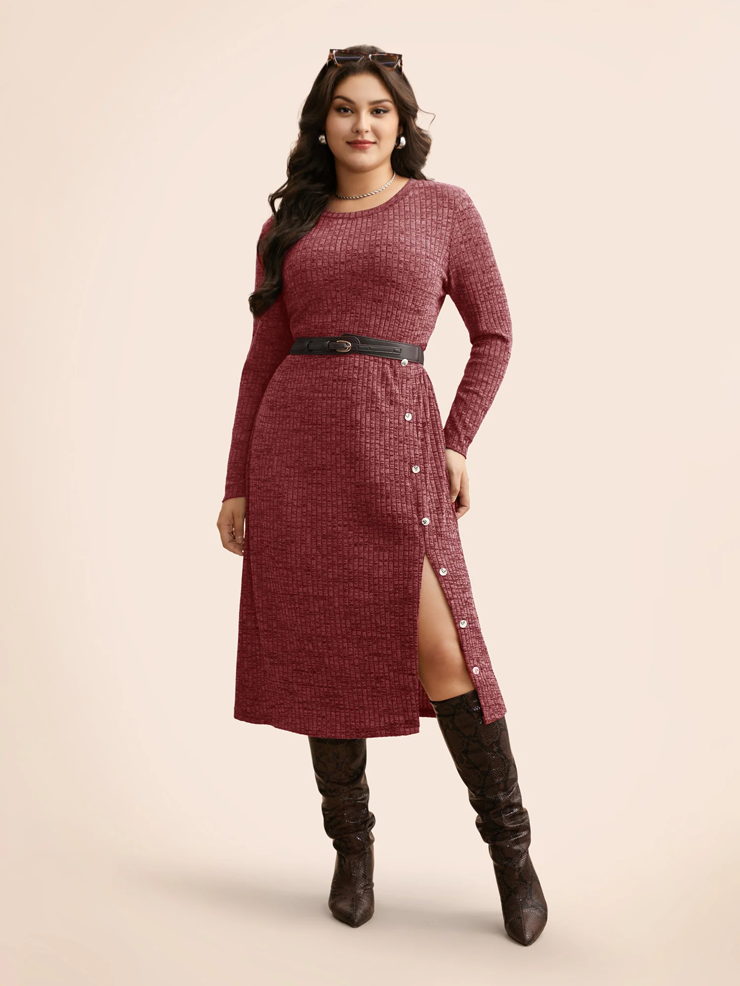 Crew Neck Button Detail Split Hem Dress - Image 10