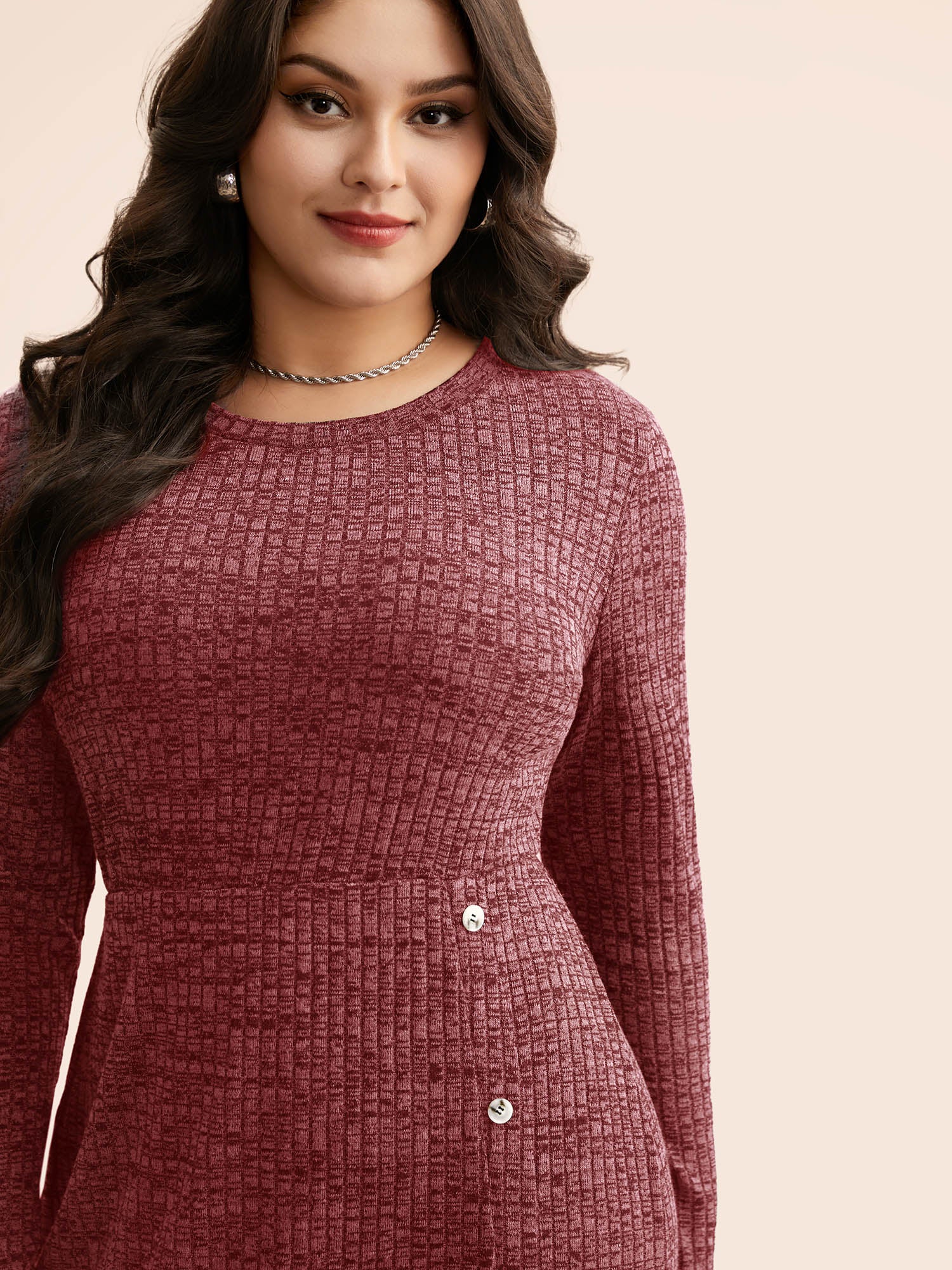 Crew Neck Button Detail Split Hem Dress - Image 11