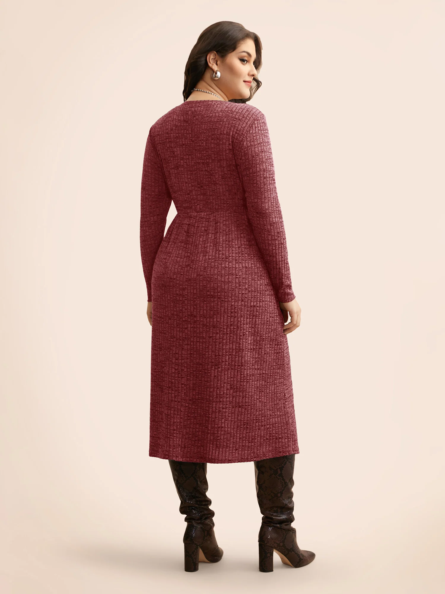 Crew Neck Button Detail Split Hem Dress - Image 12