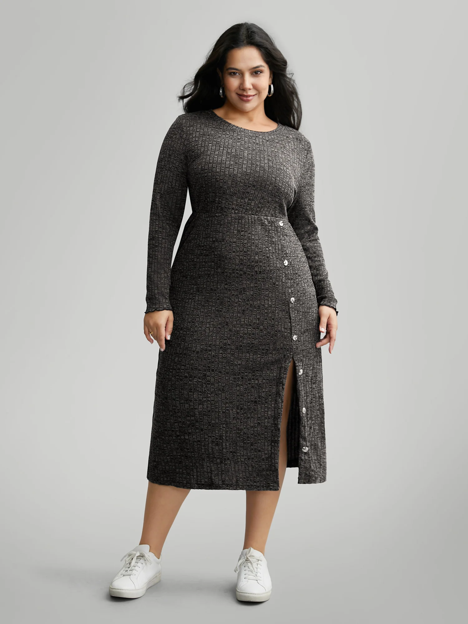 Crew Neck Button Detail Split Hem Dress - Image 4