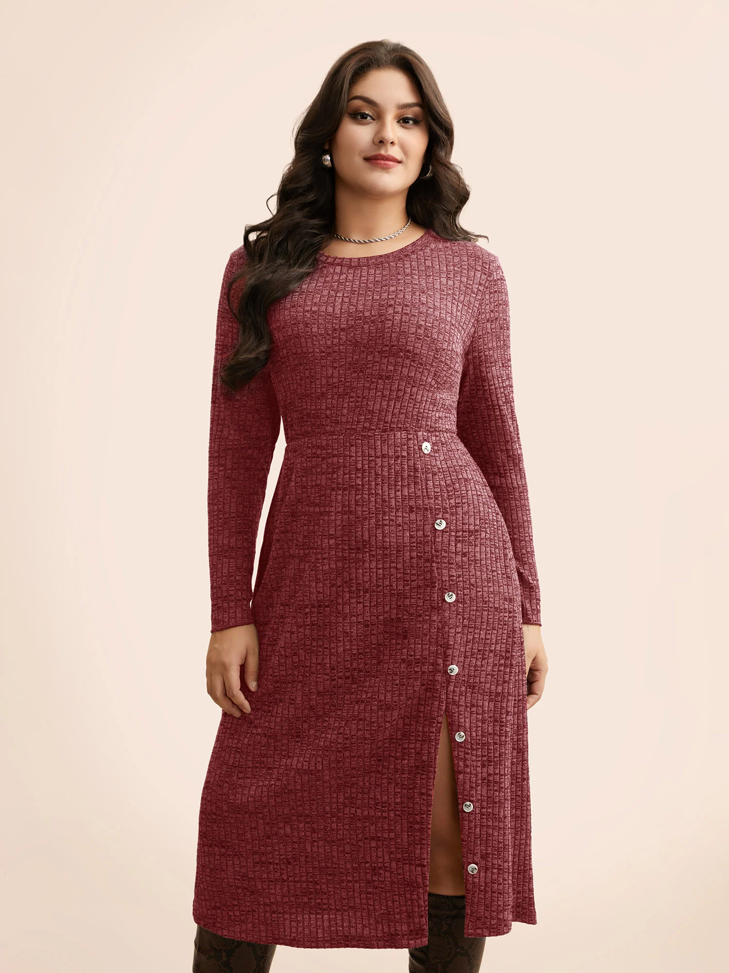 Crew Neck Button Detail Split Hem Dress - Image 9